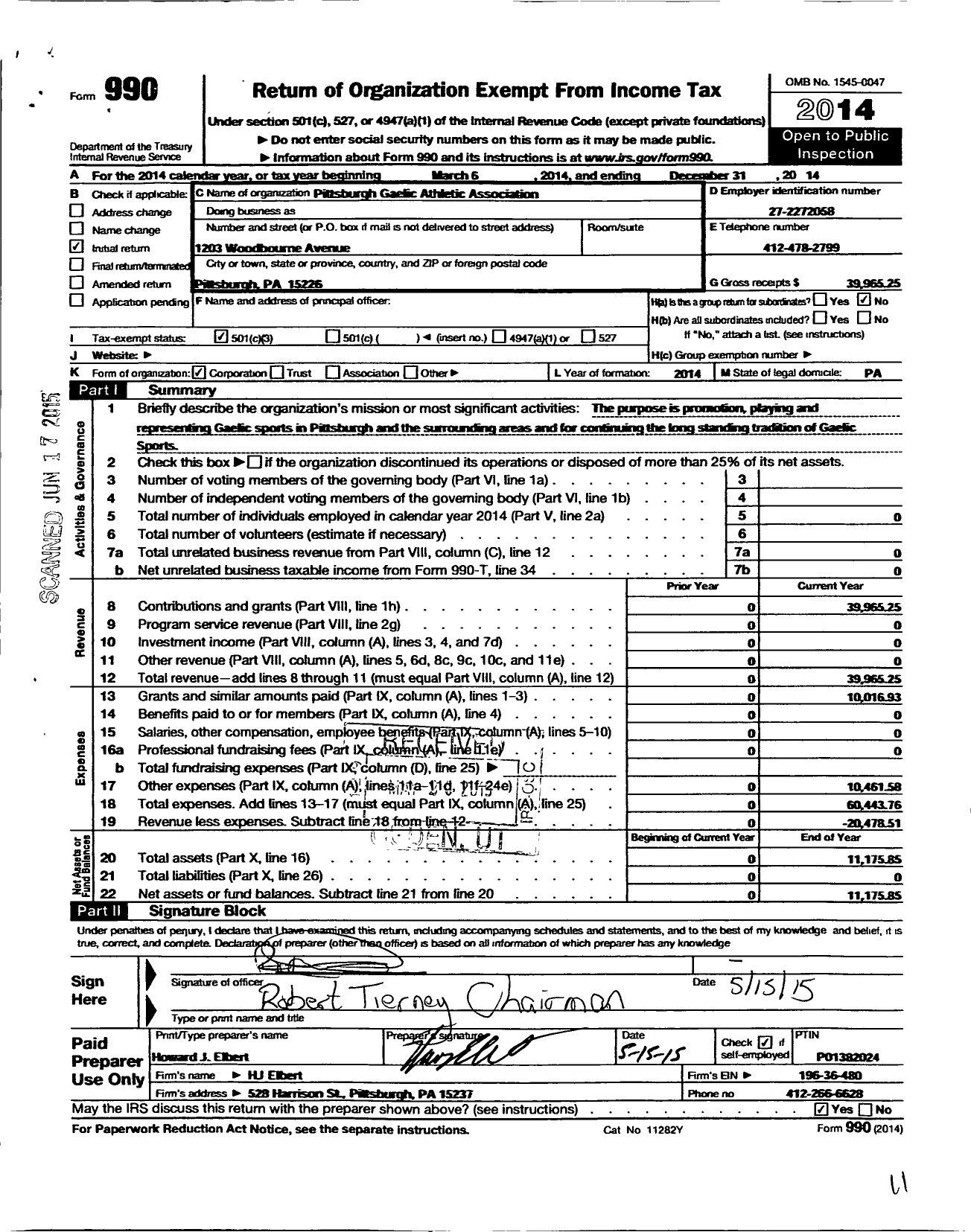 Image of first page of 2014 Form 990 for Pittsburgh Gaelic Athletic Association