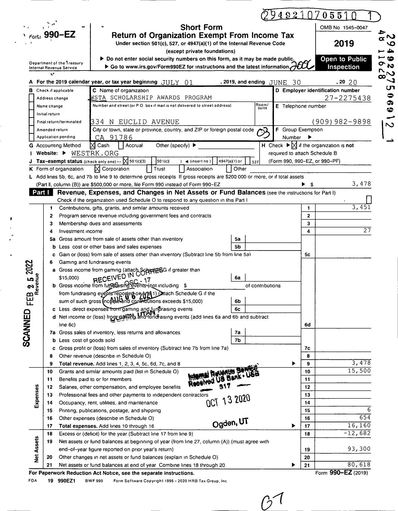 Image of first page of 2019 Form 990EZ for Western States Trucking Association Scholarship Awards Program