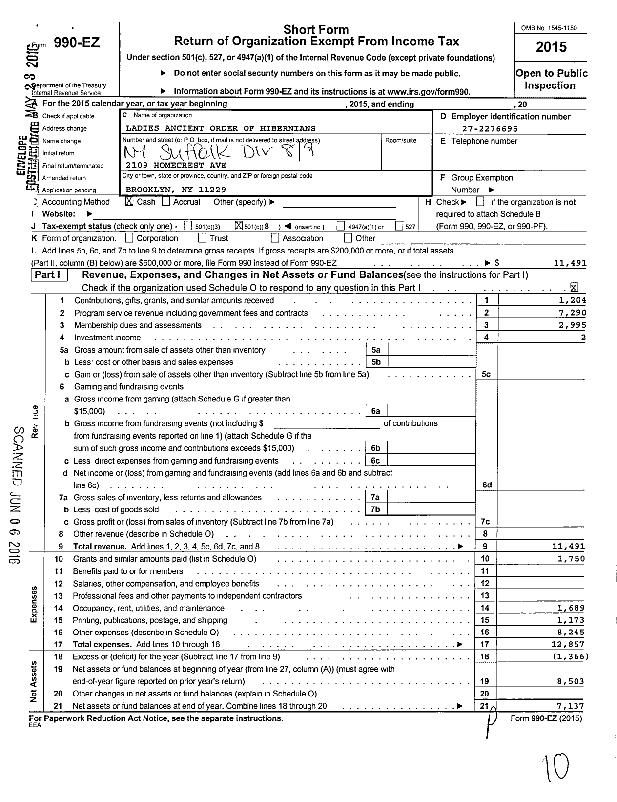 Image of first page of 2015 Form 990EO for Ladies Ancient Order of Hibernians