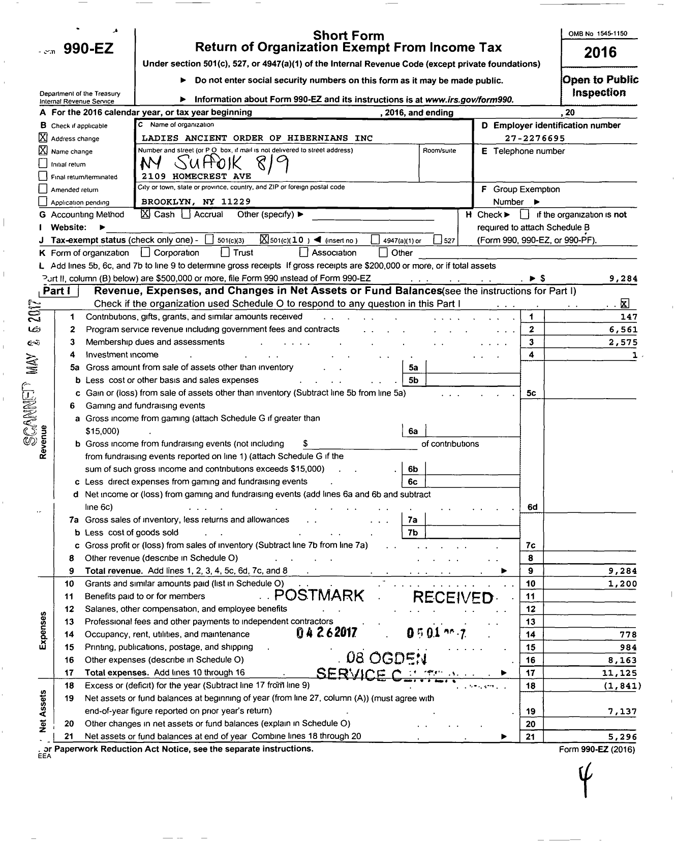 Image of first page of 2016 Form 990EO for Ladies Ancient Order of Hibernians