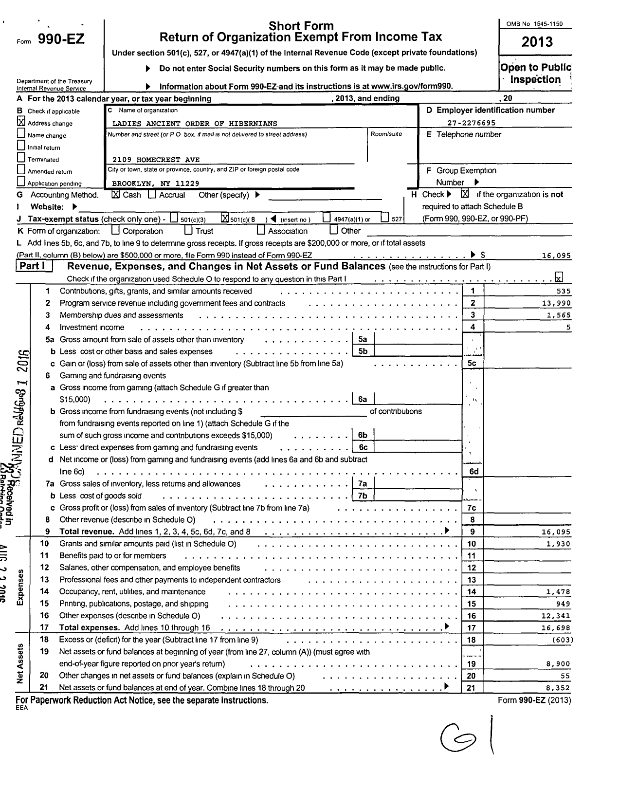 Image of first page of 2013 Form 990EO for Ladies Ancient Order of Hibernians