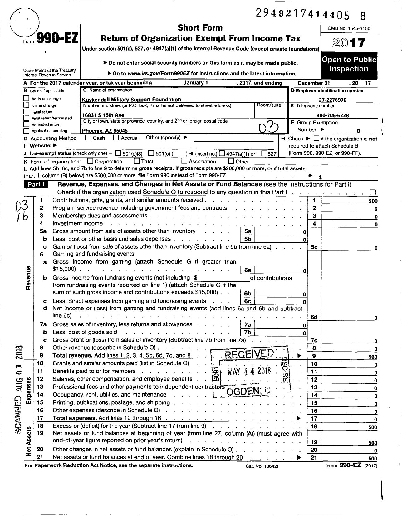 Image of first page of 2017 Form 990EZ for Kuykendall Military Support Foundation