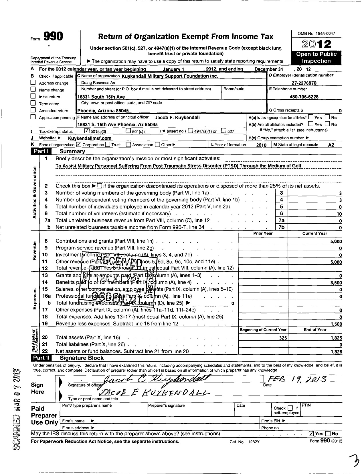 Image of first page of 2012 Form 990 for Kuykendall Military Support Foundation