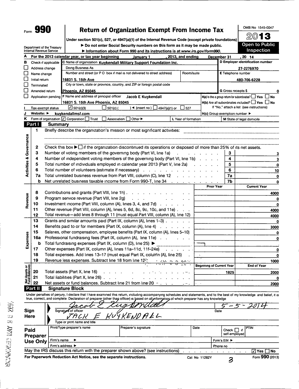 Image of first page of 2014 Form 990 for Kuykendall Military Support Foundation