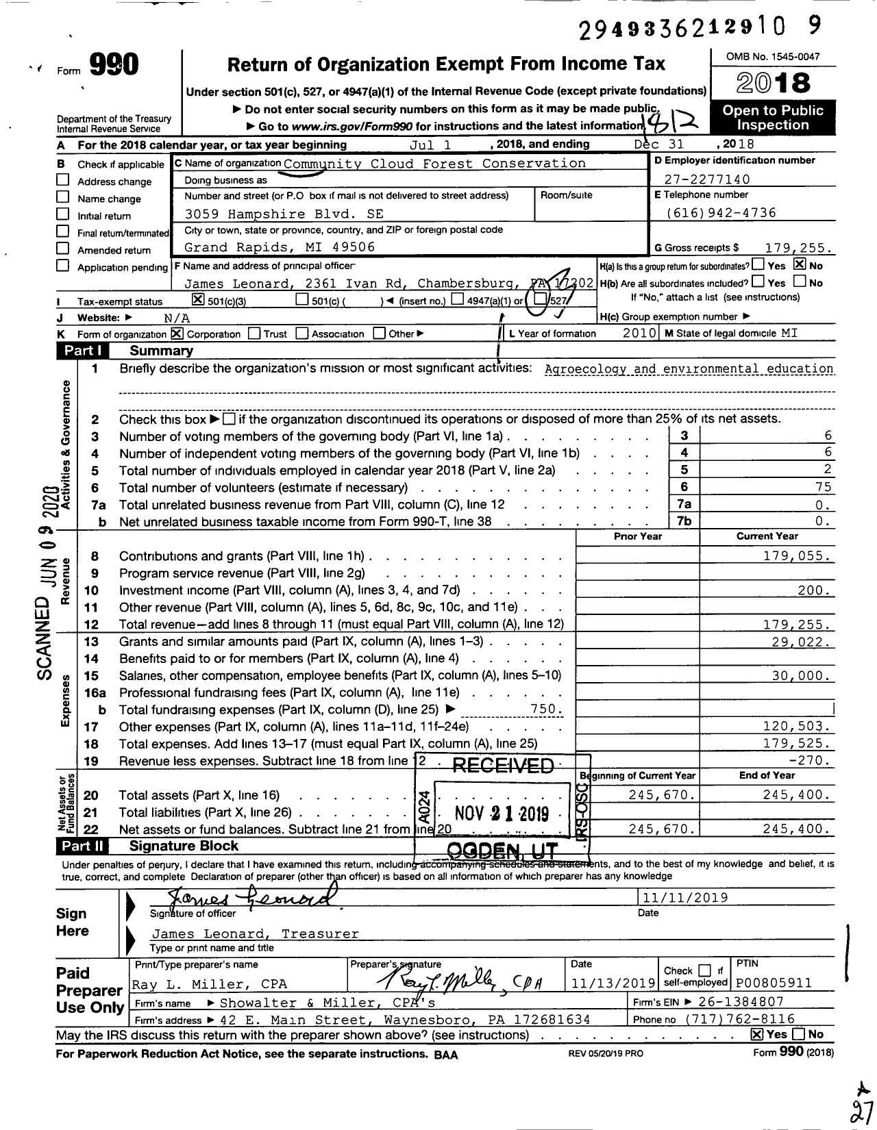 Image of first page of 2018 Form 990 for Community Cloud Forest Conservation