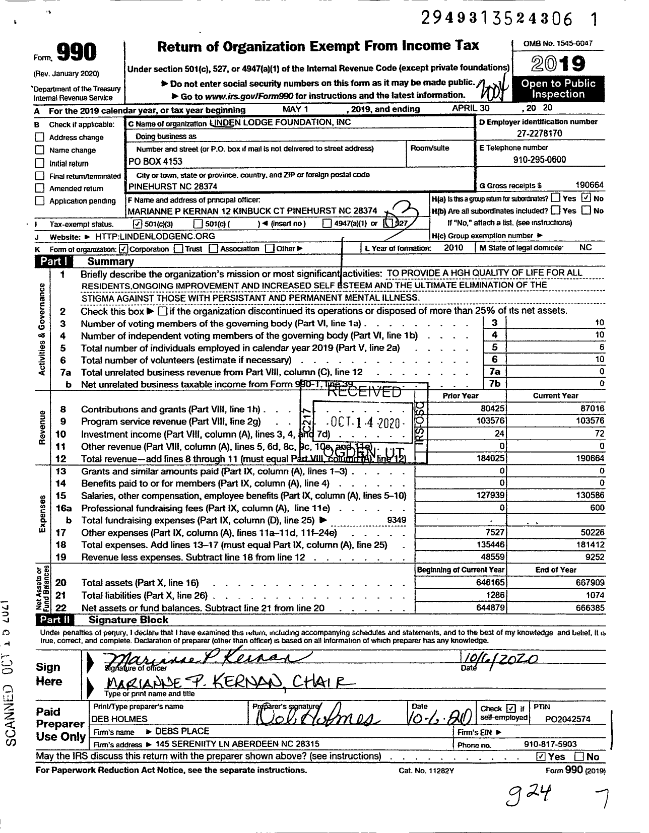 Image of first page of 2019 Form 990 for Linden Lodge Foundation