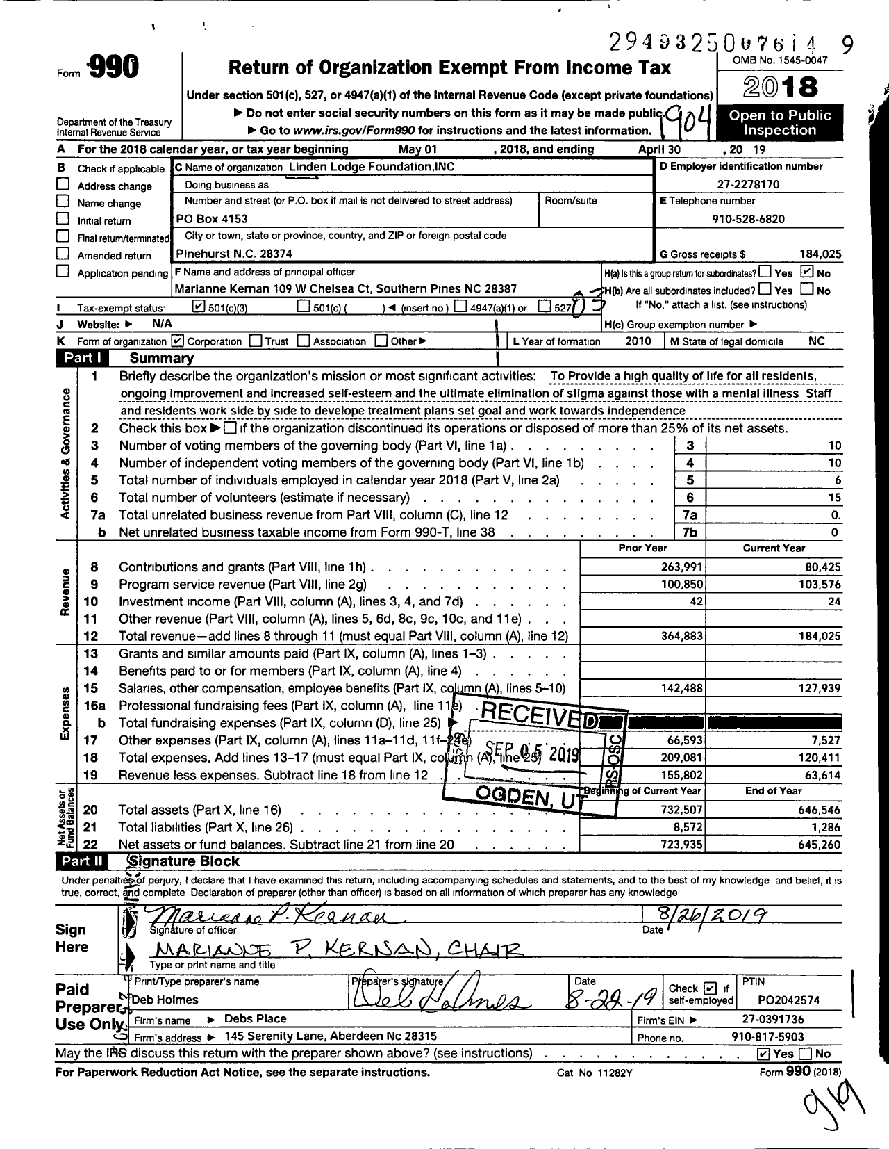 Image of first page of 2018 Form 990 for Linden Lodge Foundation