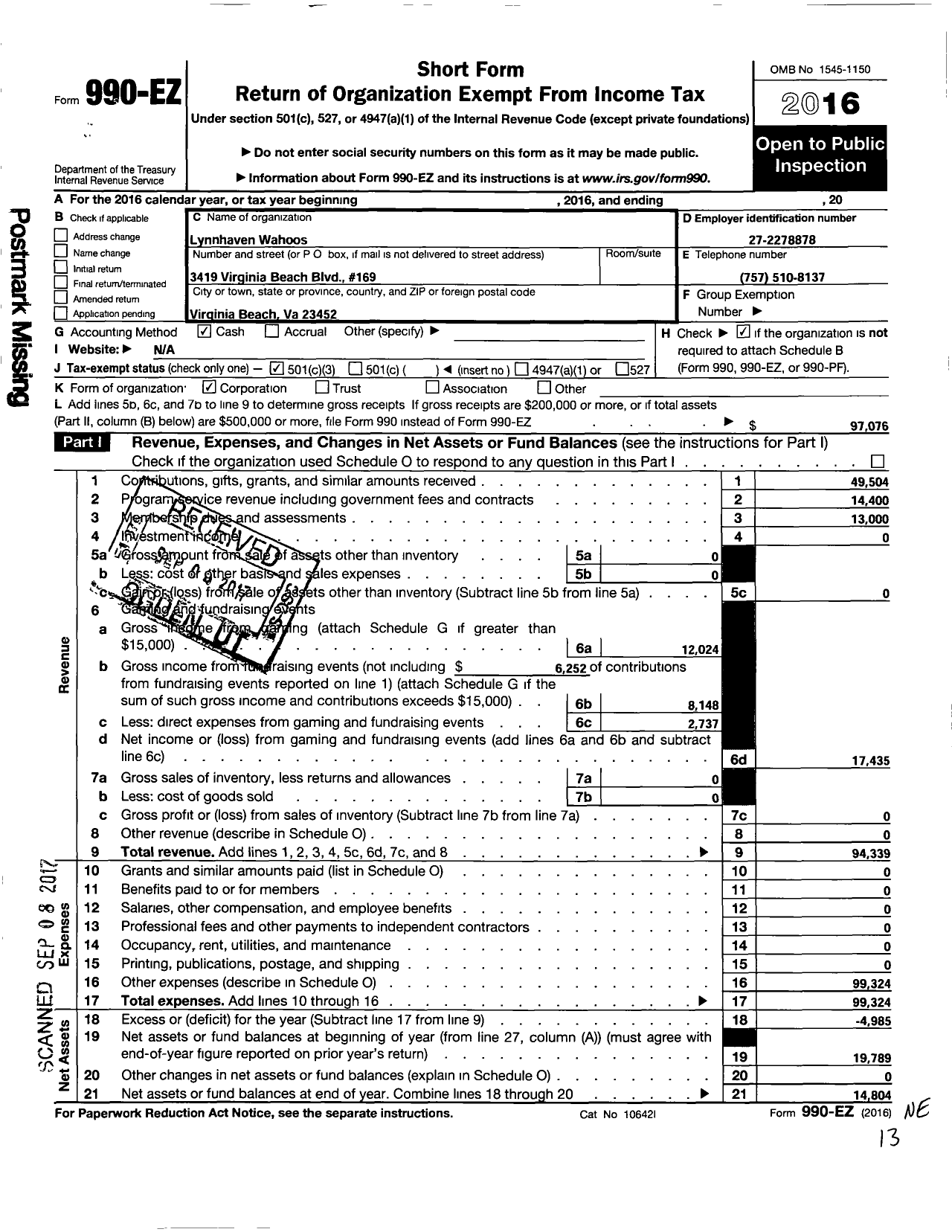 Image of first page of 2016 Form 990EZ for Lynnhaven Wahoos