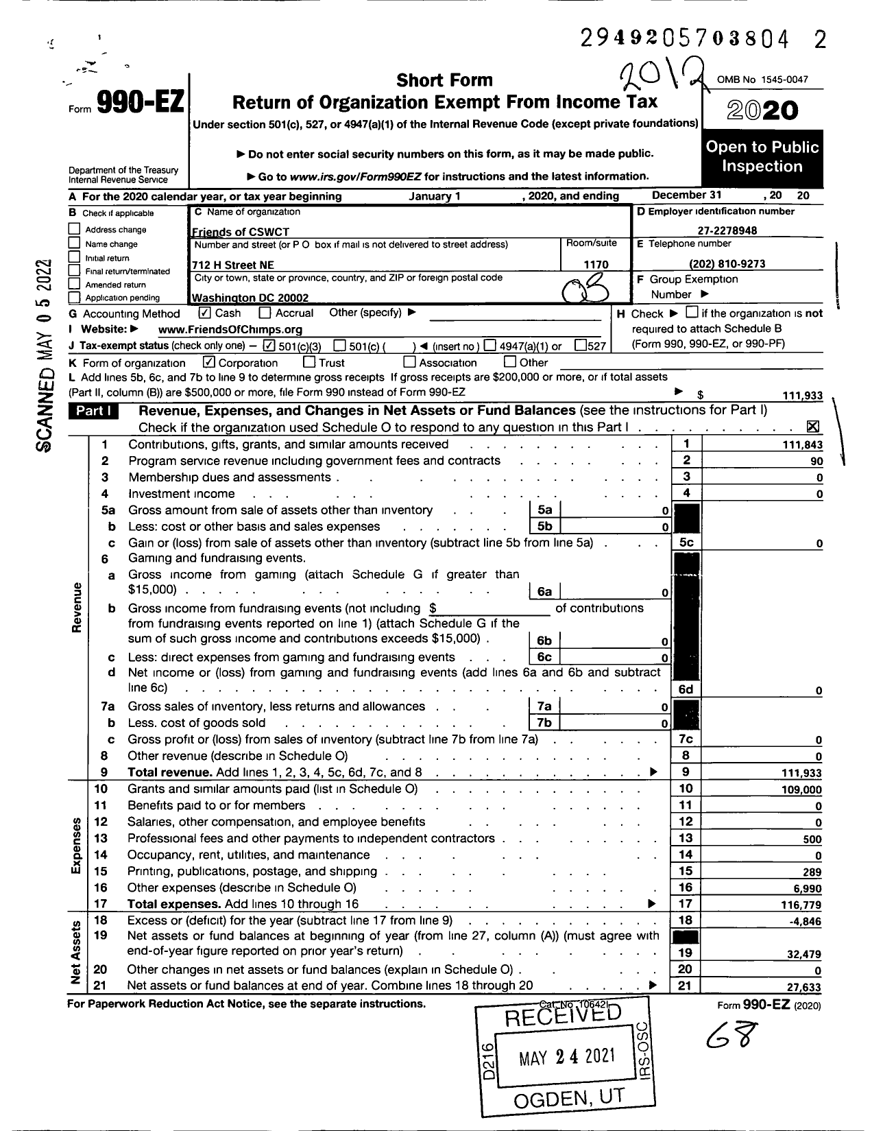 Image of first page of 2020 Form 990EZ for Friends of CSWCT