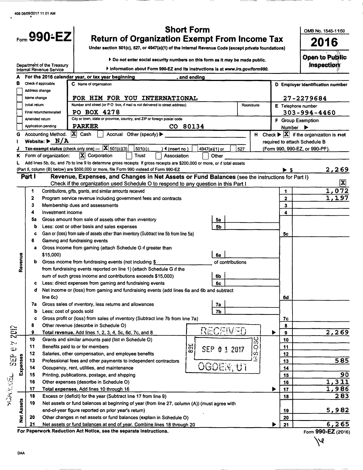 Image of first page of 2016 Form 990EZ for For Him for You International