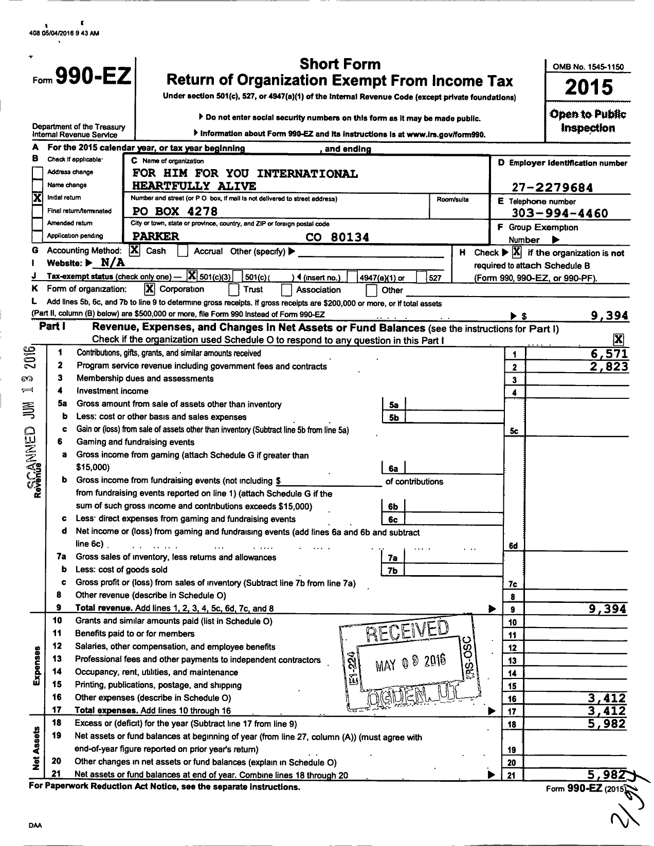 Image of first page of 2015 Form 990EZ for For Him for You International