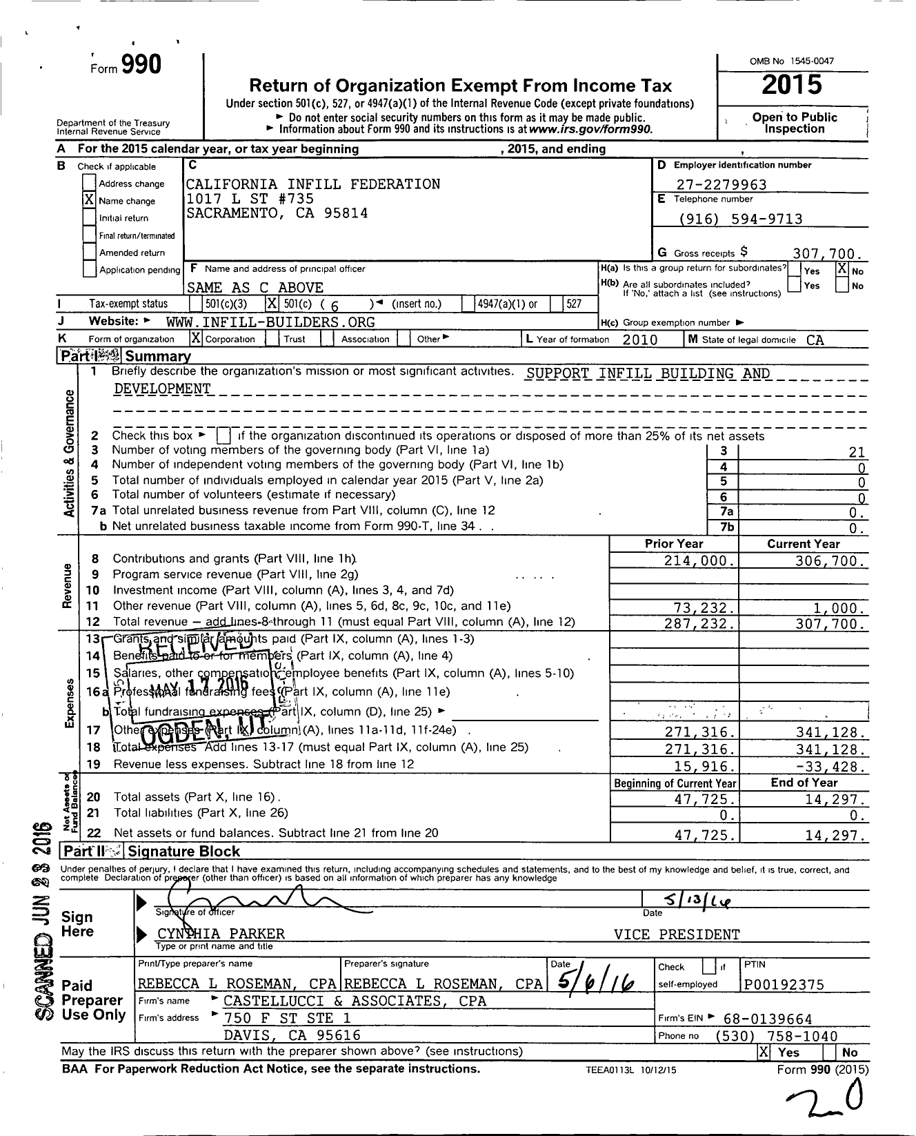 Image of first page of 2015 Form 990O for California Infill Federation