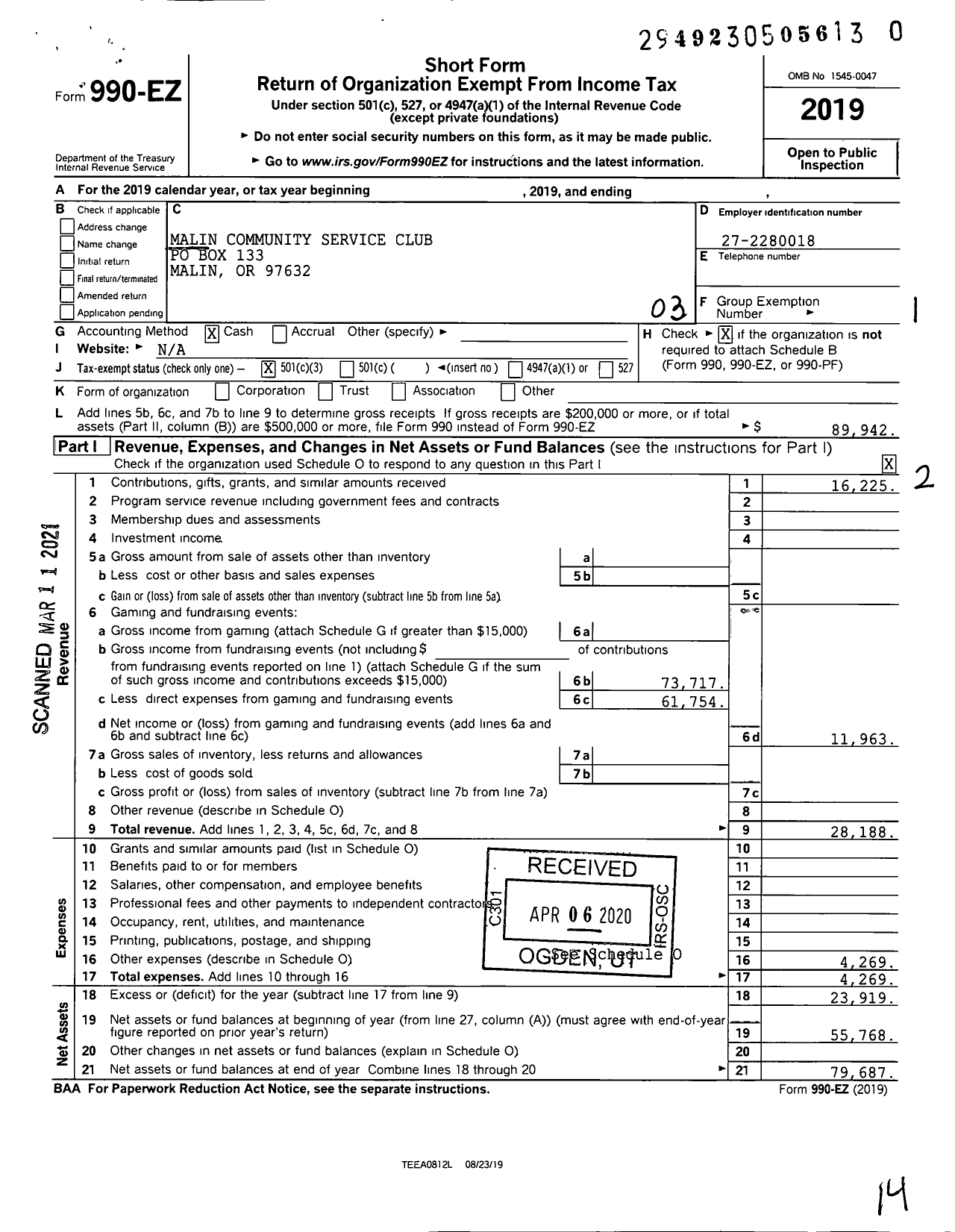 Image of first page of 2019 Form 990EZ for Malin Community Service Club