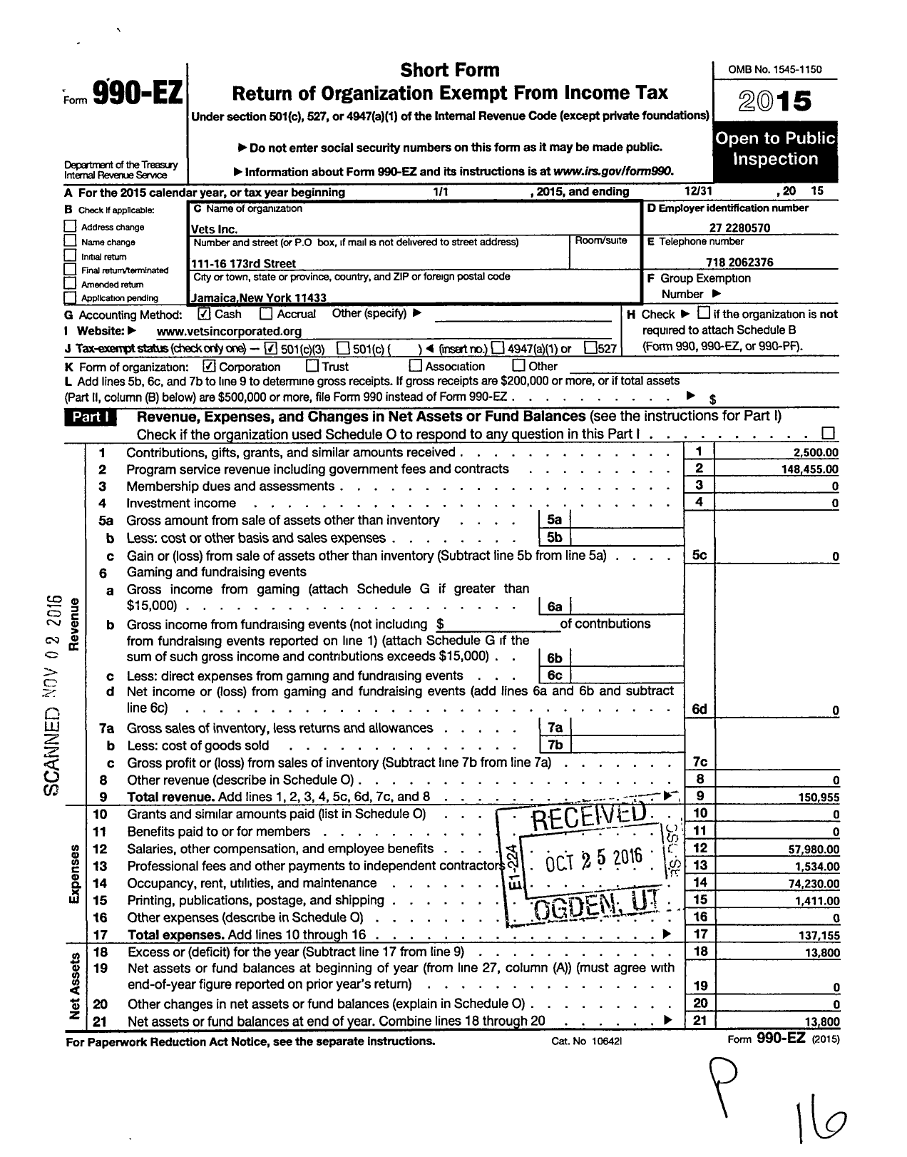 Image of first page of 2015 Form 990EZ for Vets E T S