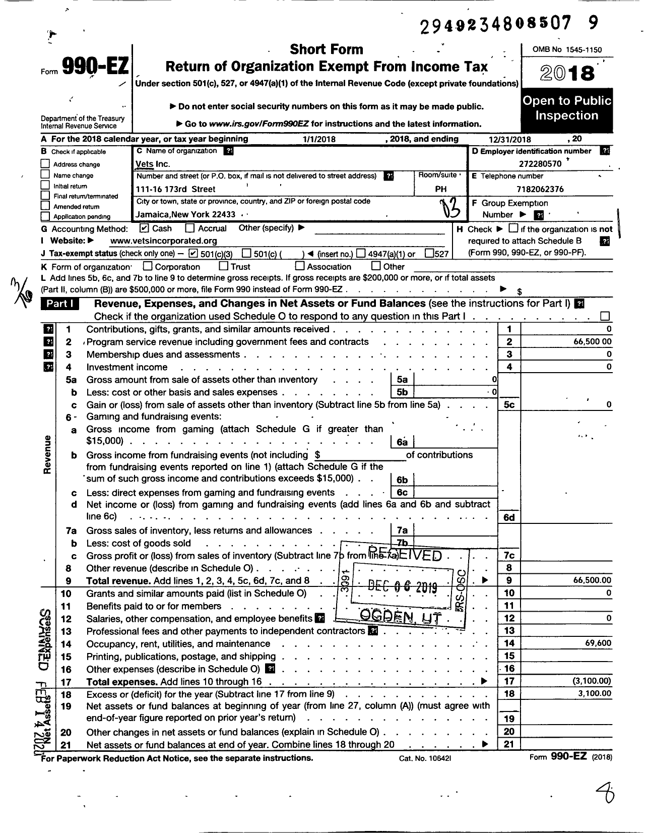 Image of first page of 2018 Form 990EZ for Vets E T S