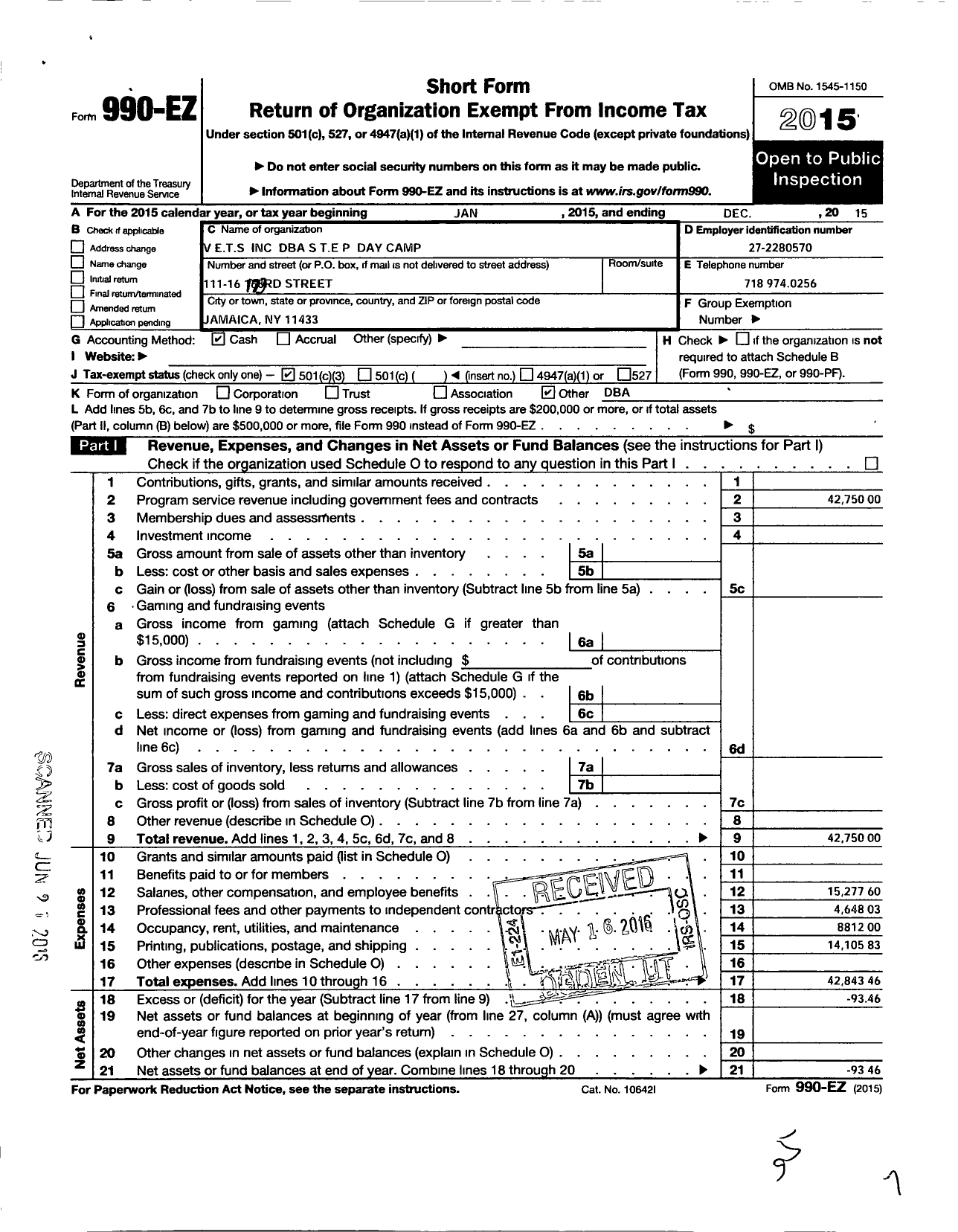 Image of first page of 2015 Form 990EZ for Vets E T S