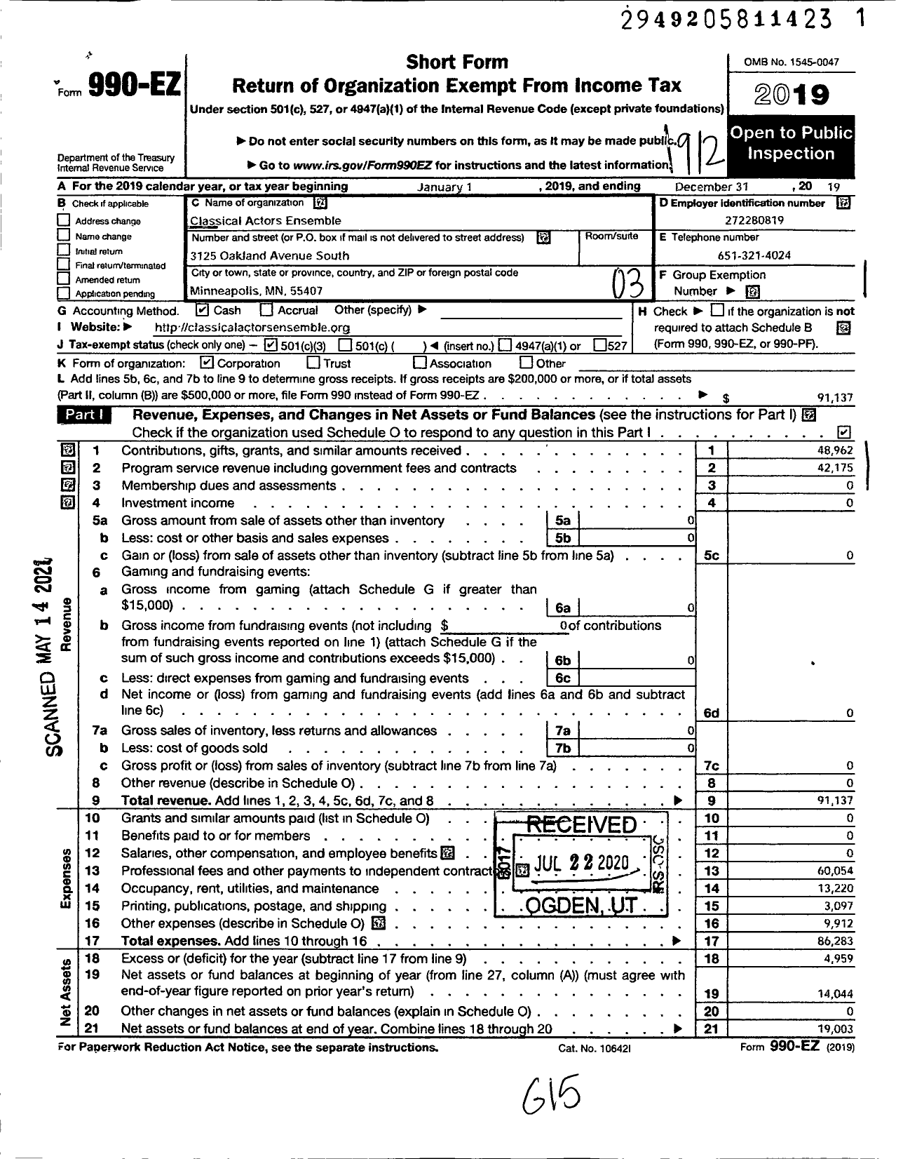 Image of first page of 2019 Form 990EZ for Classical Actors Ensemble