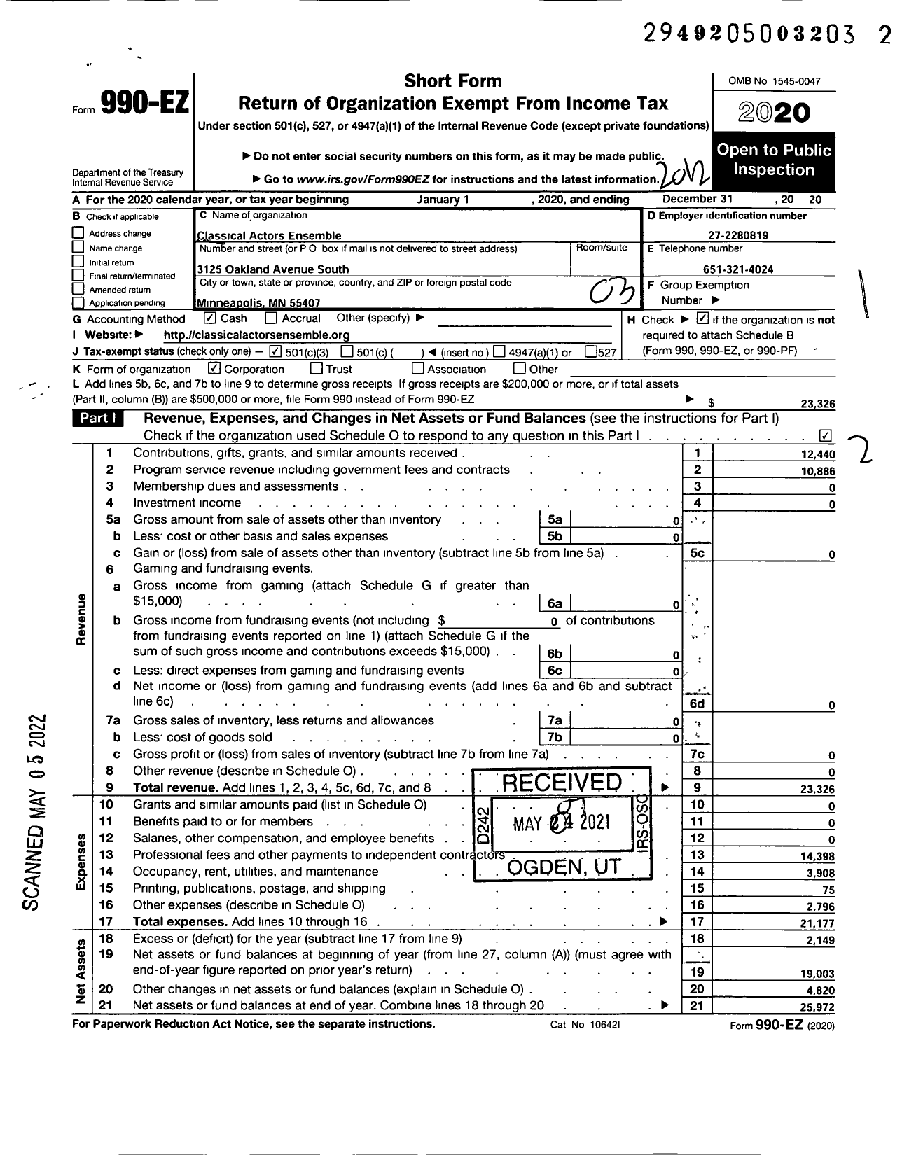 Image of first page of 2020 Form 990EZ for Classical Actors Ensemble