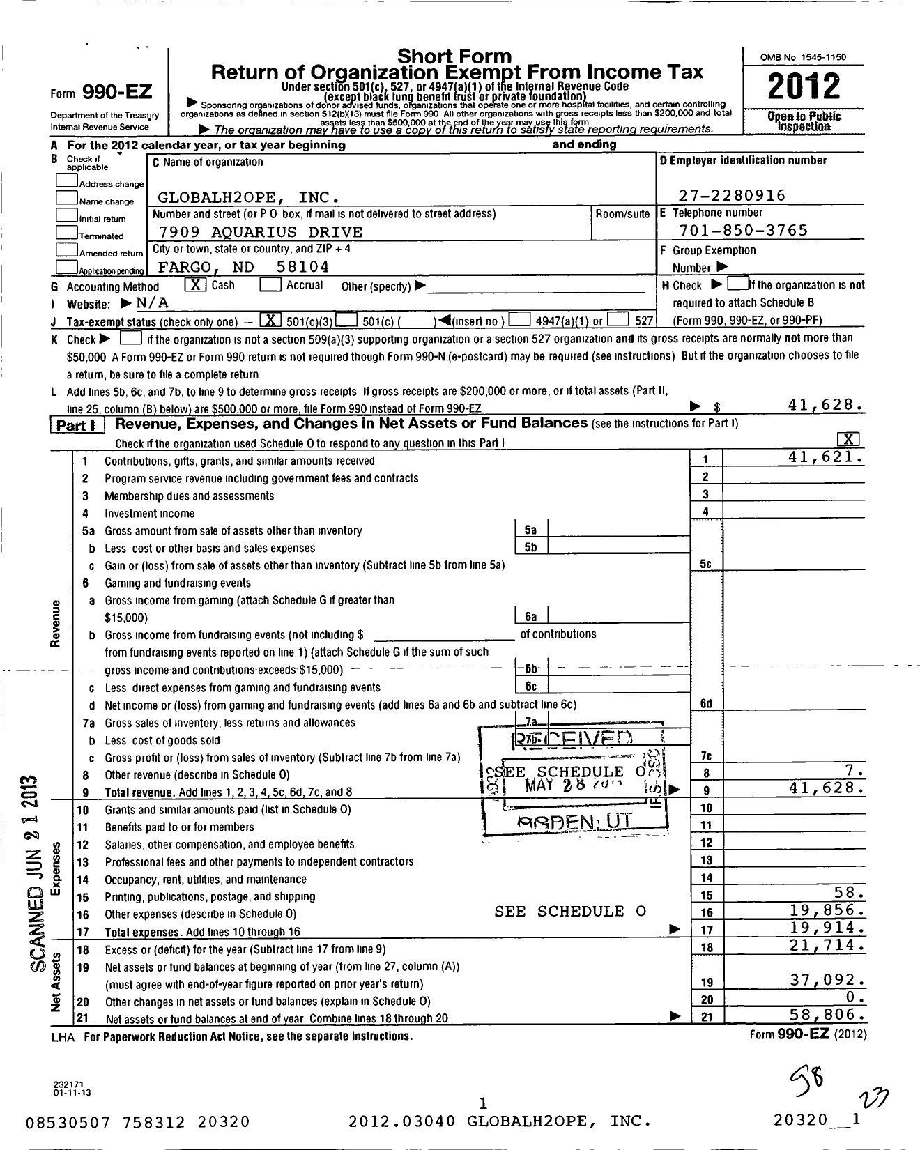 Image of first page of 2012 Form 990EZ for Globalh2ope