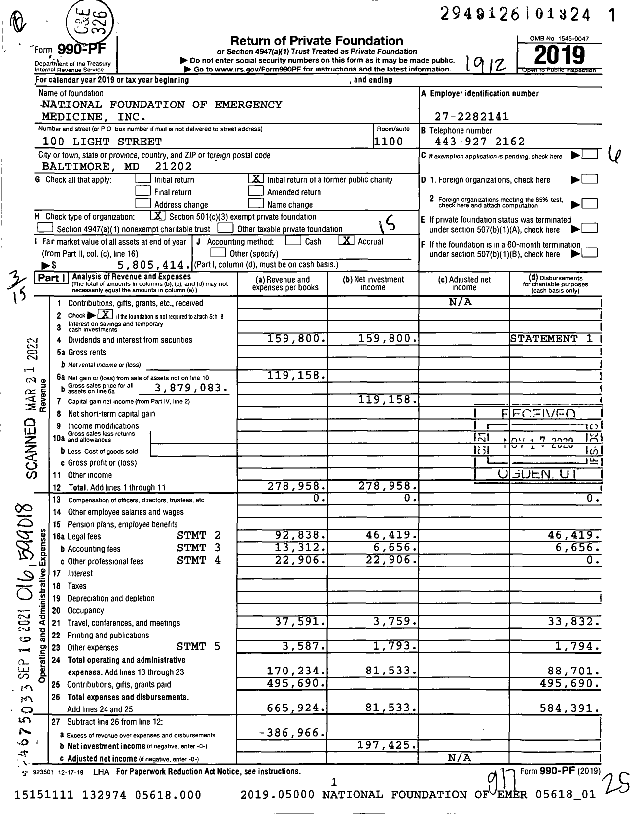 Image of first page of 2019 Form 990PF for National Foundation of Emergency Medicine