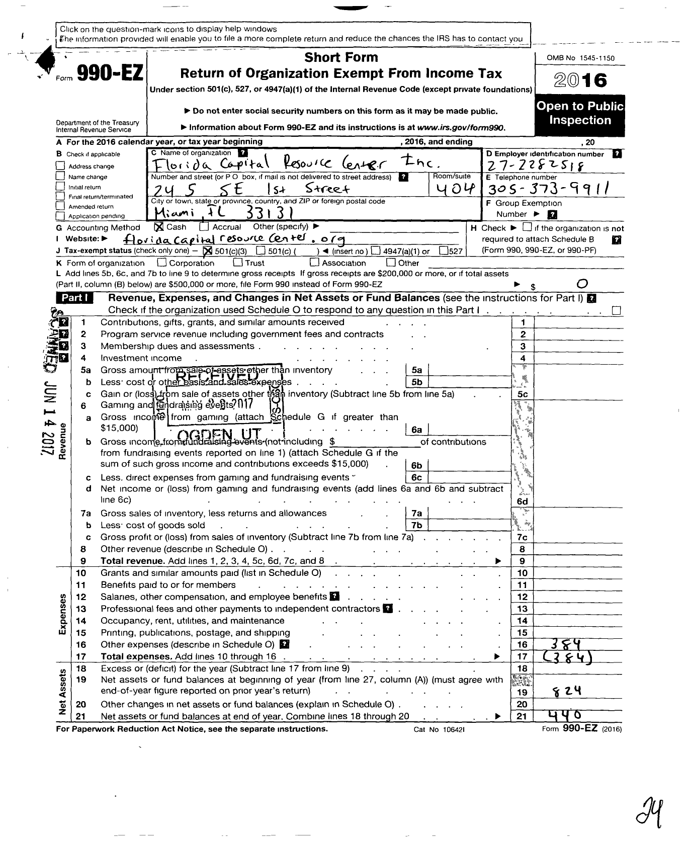 Image of first page of 2016 Form 990EZ for Florida Capital Resource Center