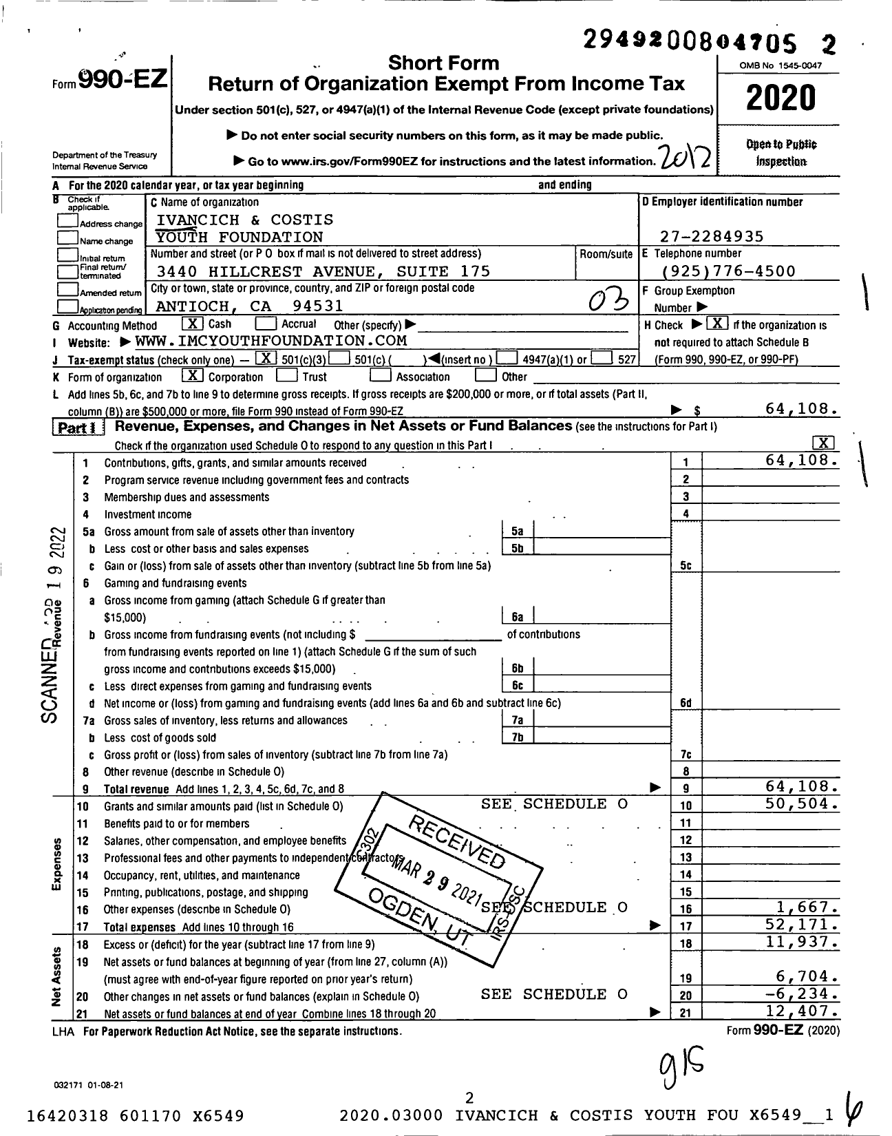 Image of first page of 2020 Form 990EZ for Ivancich and Costis Youth Foundation
