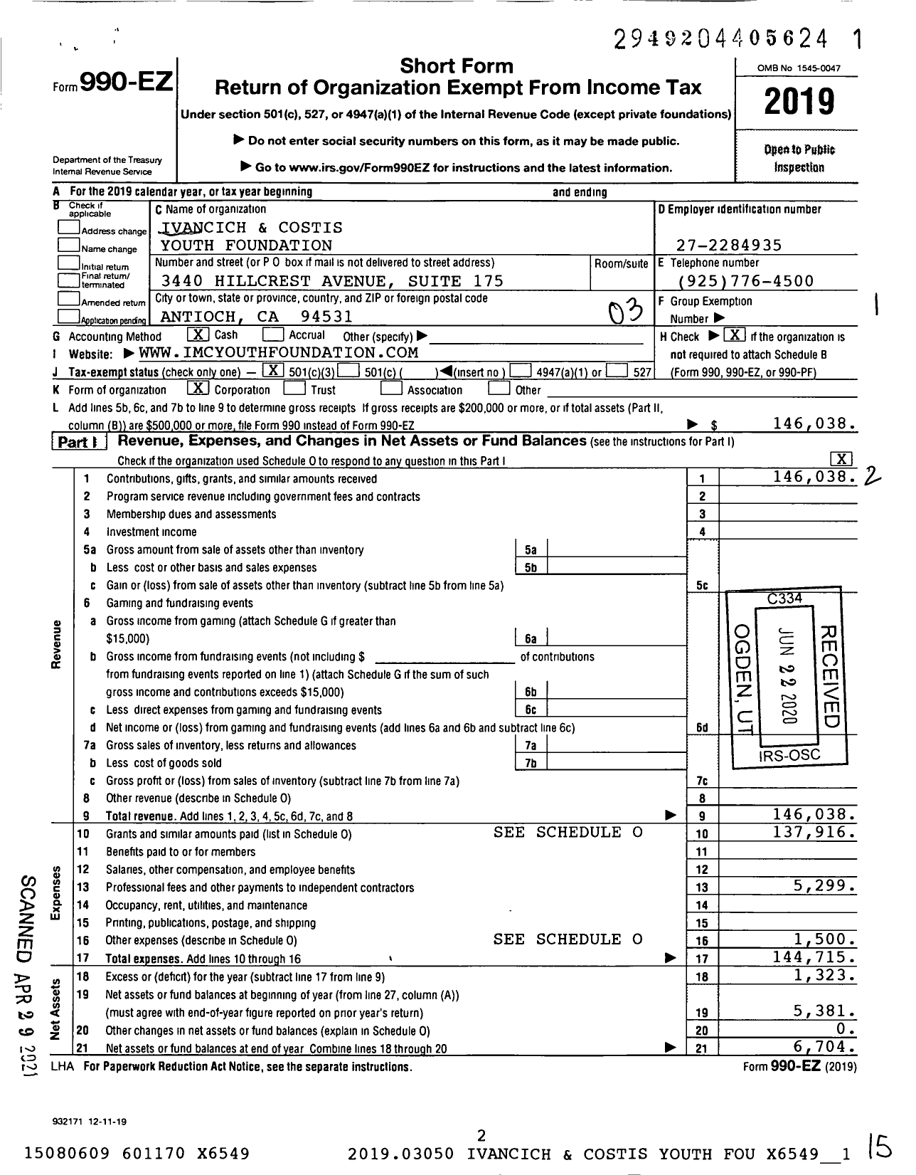 Image of first page of 2019 Form 990EZ for Ivancich and Costis Youth Foundation