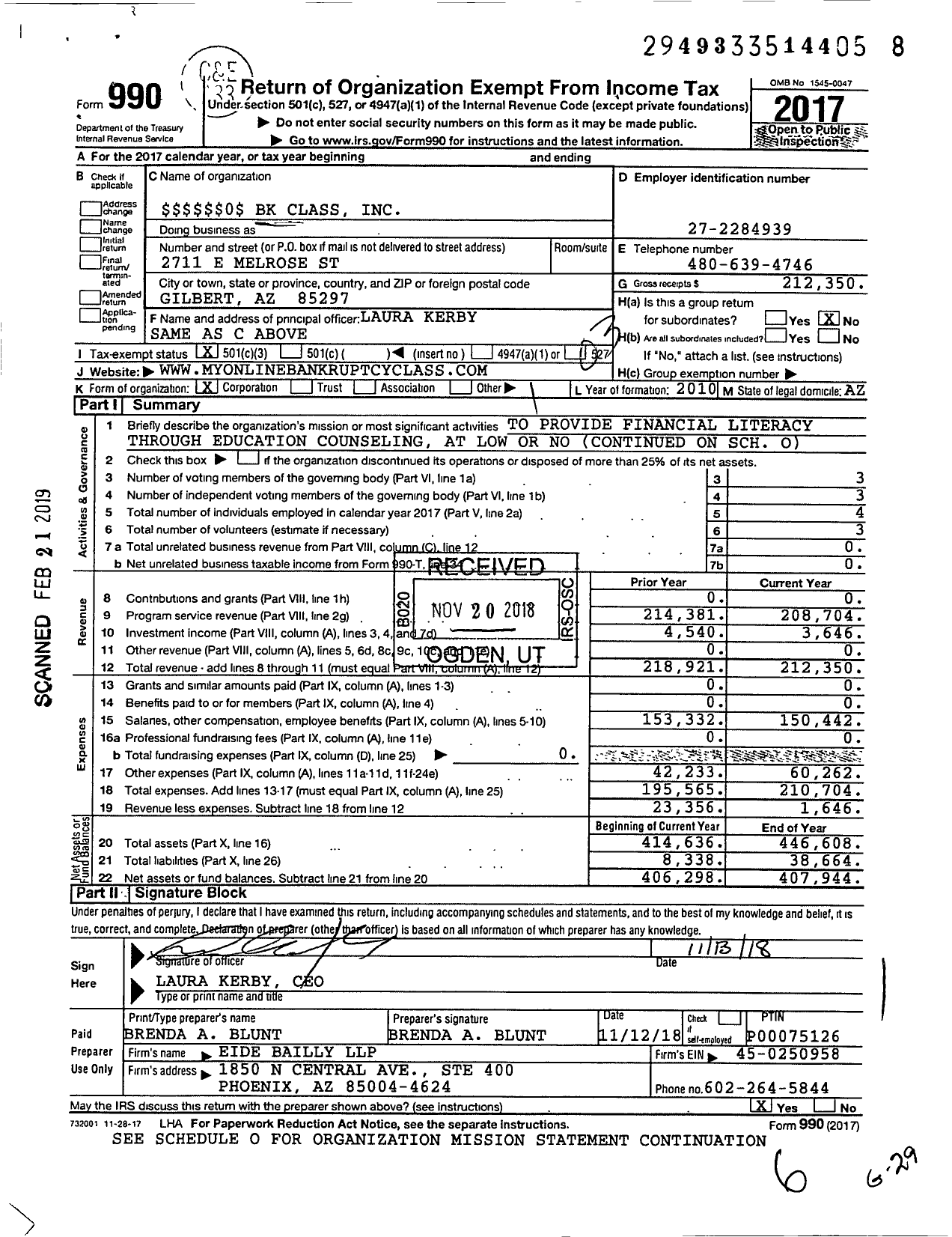 Image of first page of 2017 Form 990 for 0 BK Class