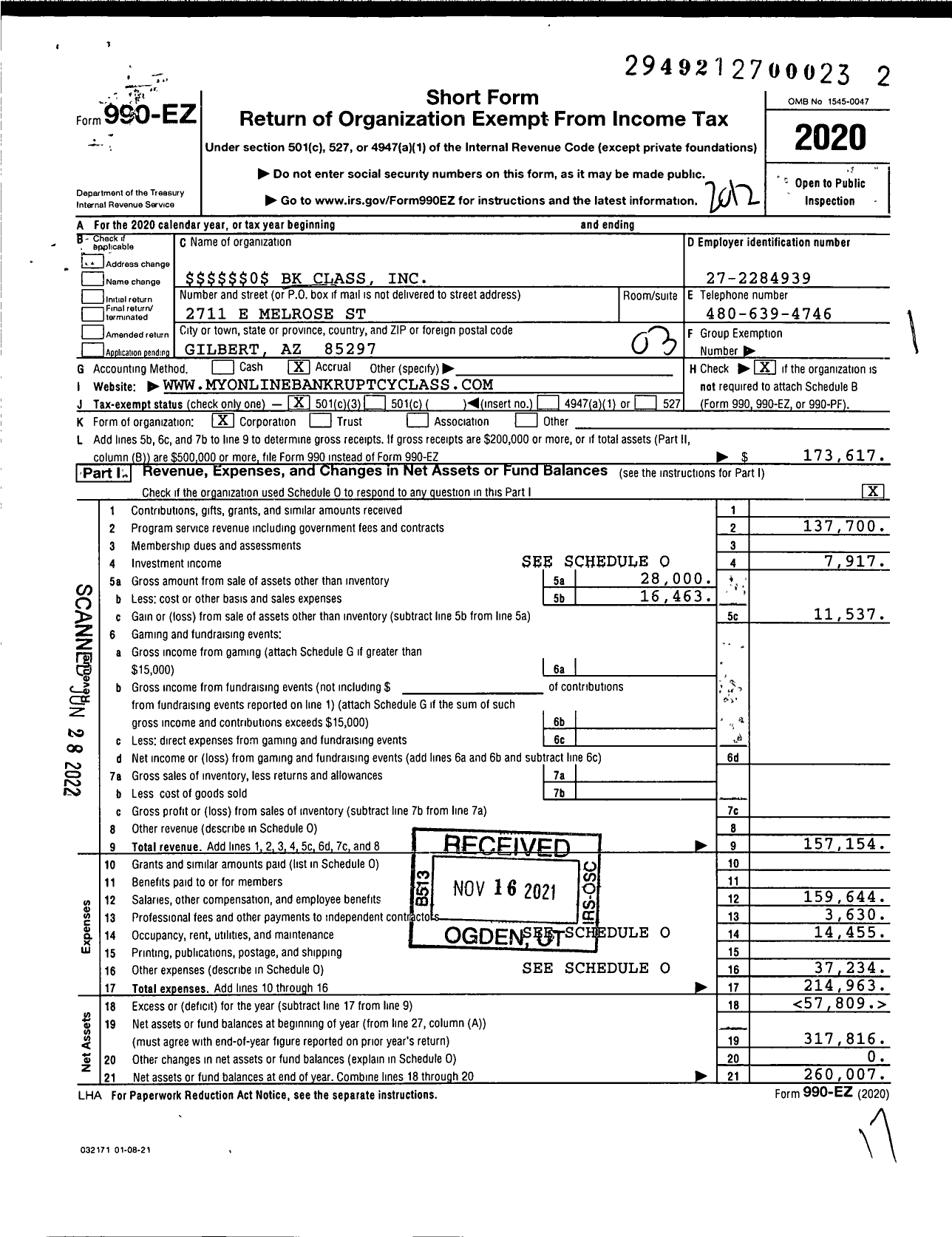 Image of first page of 2020 Form 990EZ for 0 BK Class