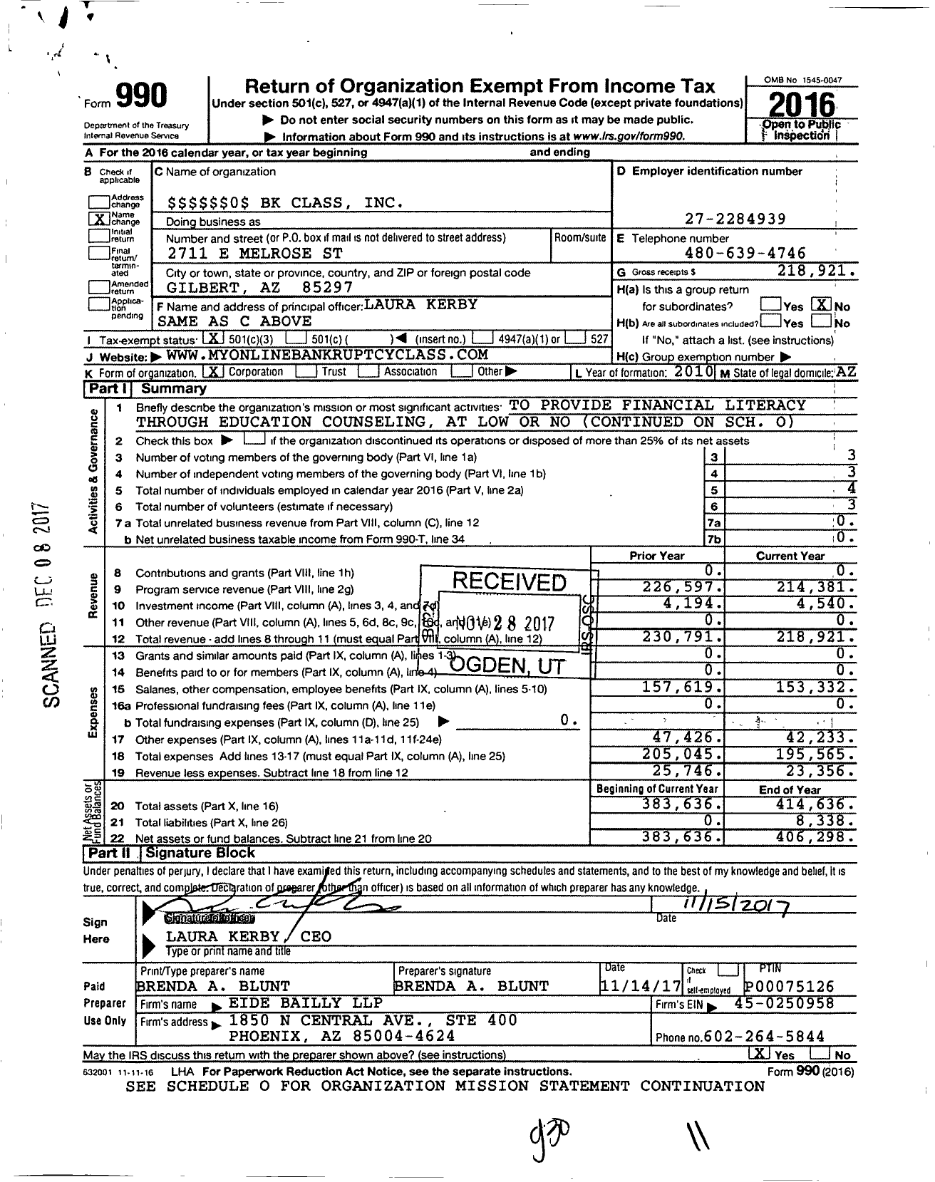 Image of first page of 2016 Form 990 for 0 BK Class