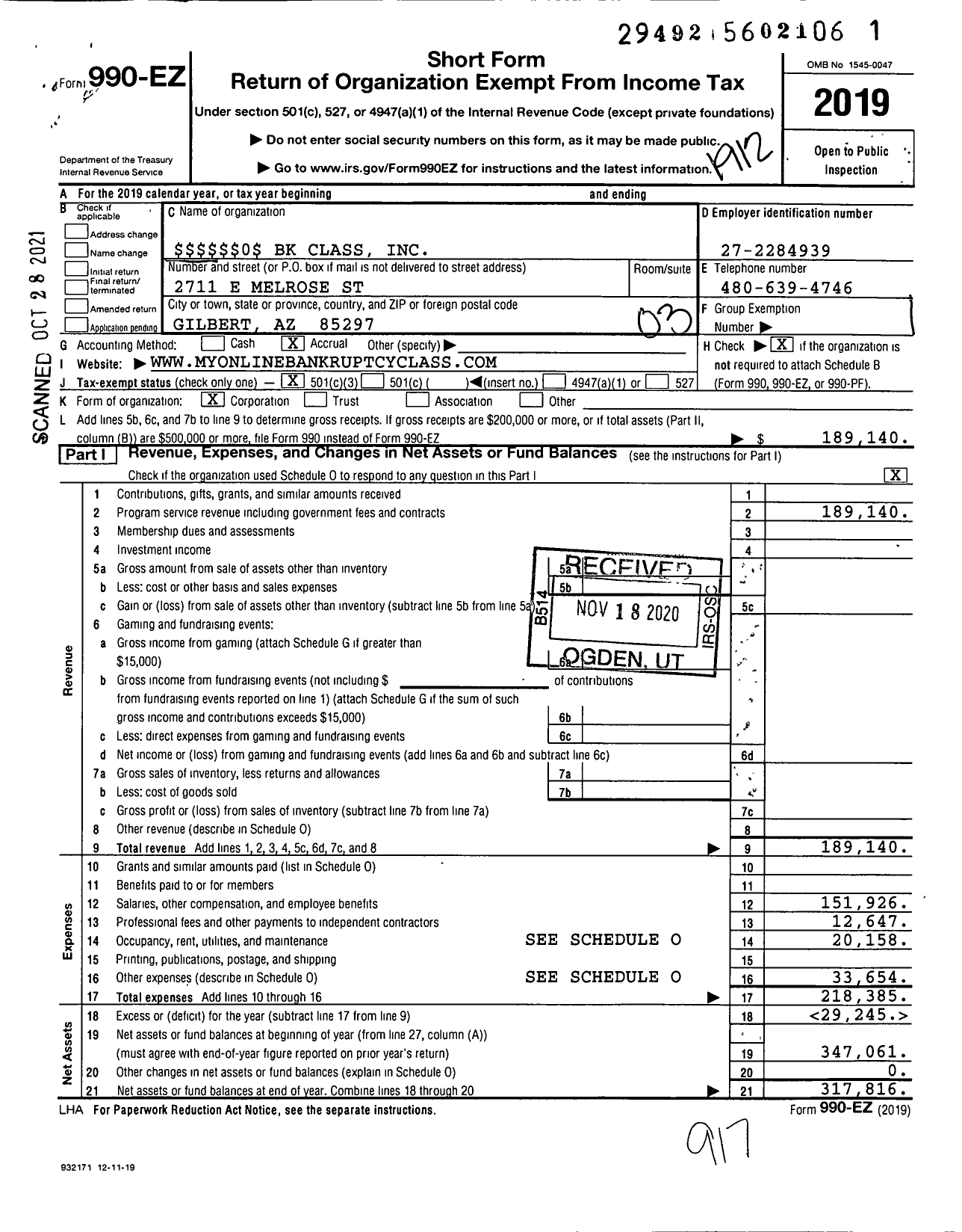 Image of first page of 2019 Form 990EZ for 0 BK Class