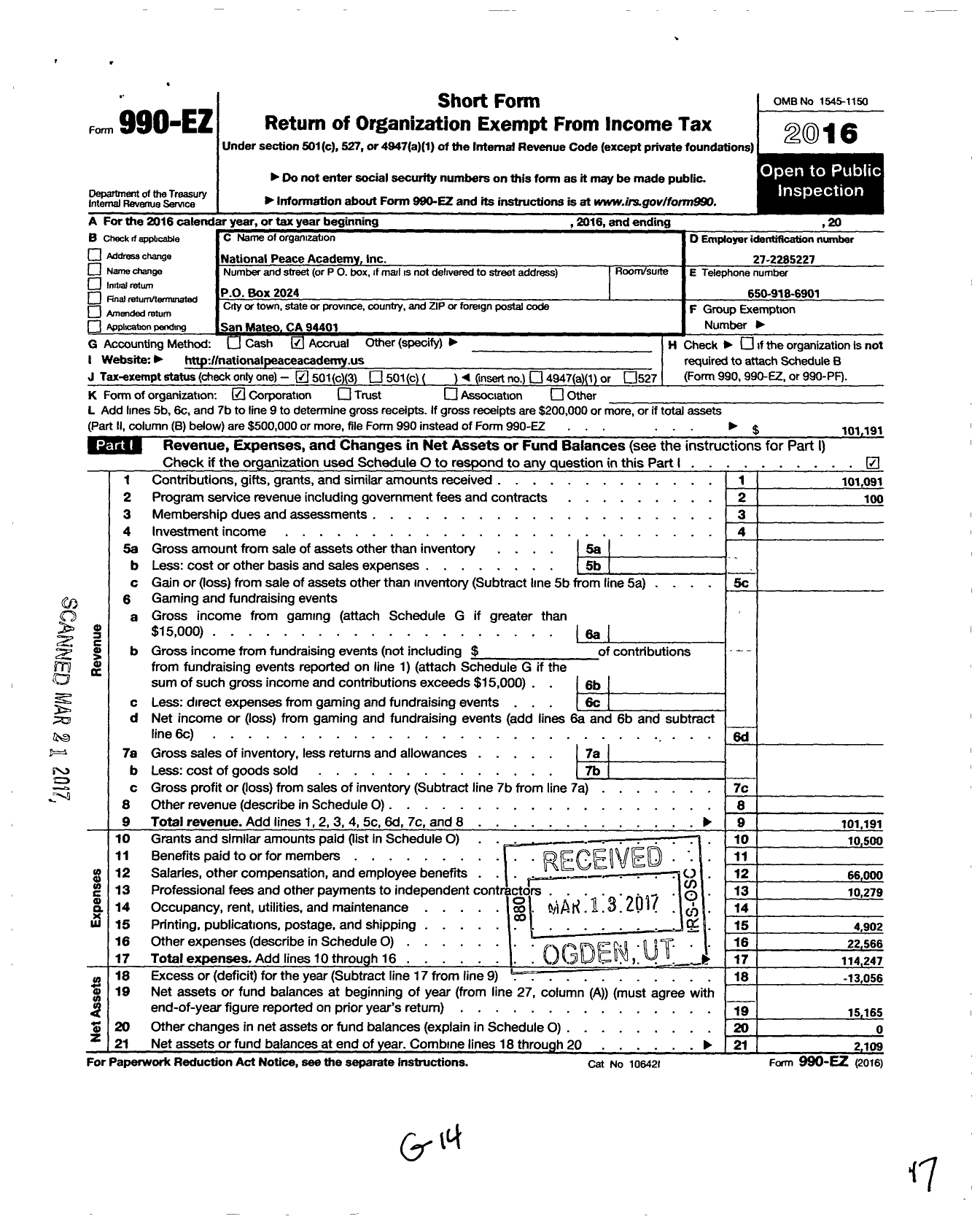 Image of first page of 2016 Form 990EZ for National Peace Academy