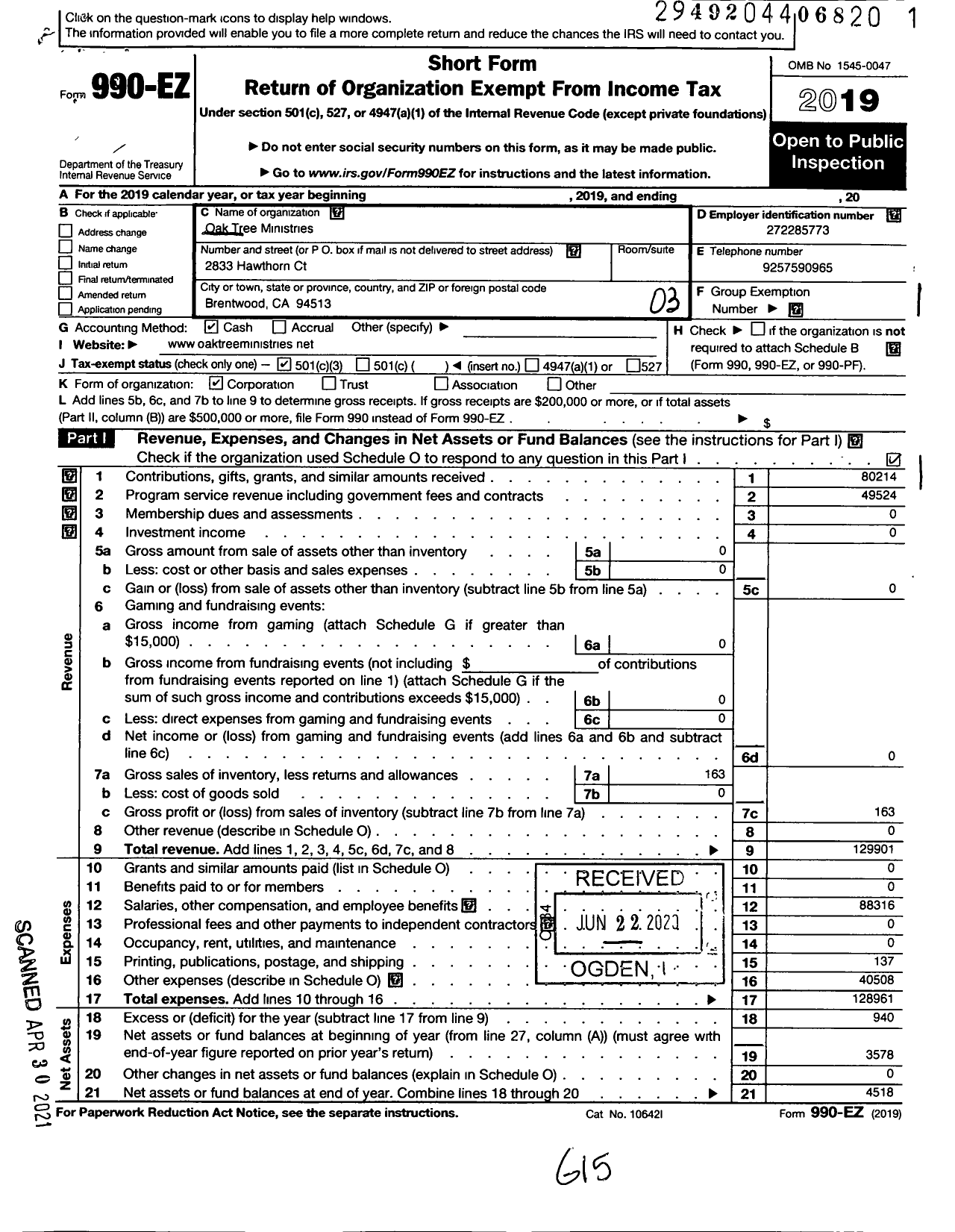 Image of first page of 2019 Form 990EZ for Oak Tree Ministries