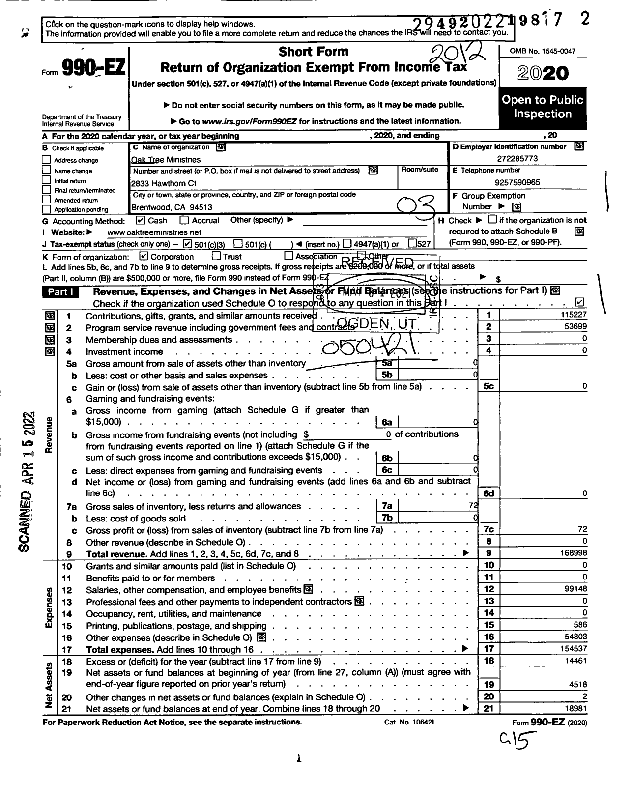 Image of first page of 2020 Form 990EZ for Oak Tree Ministries