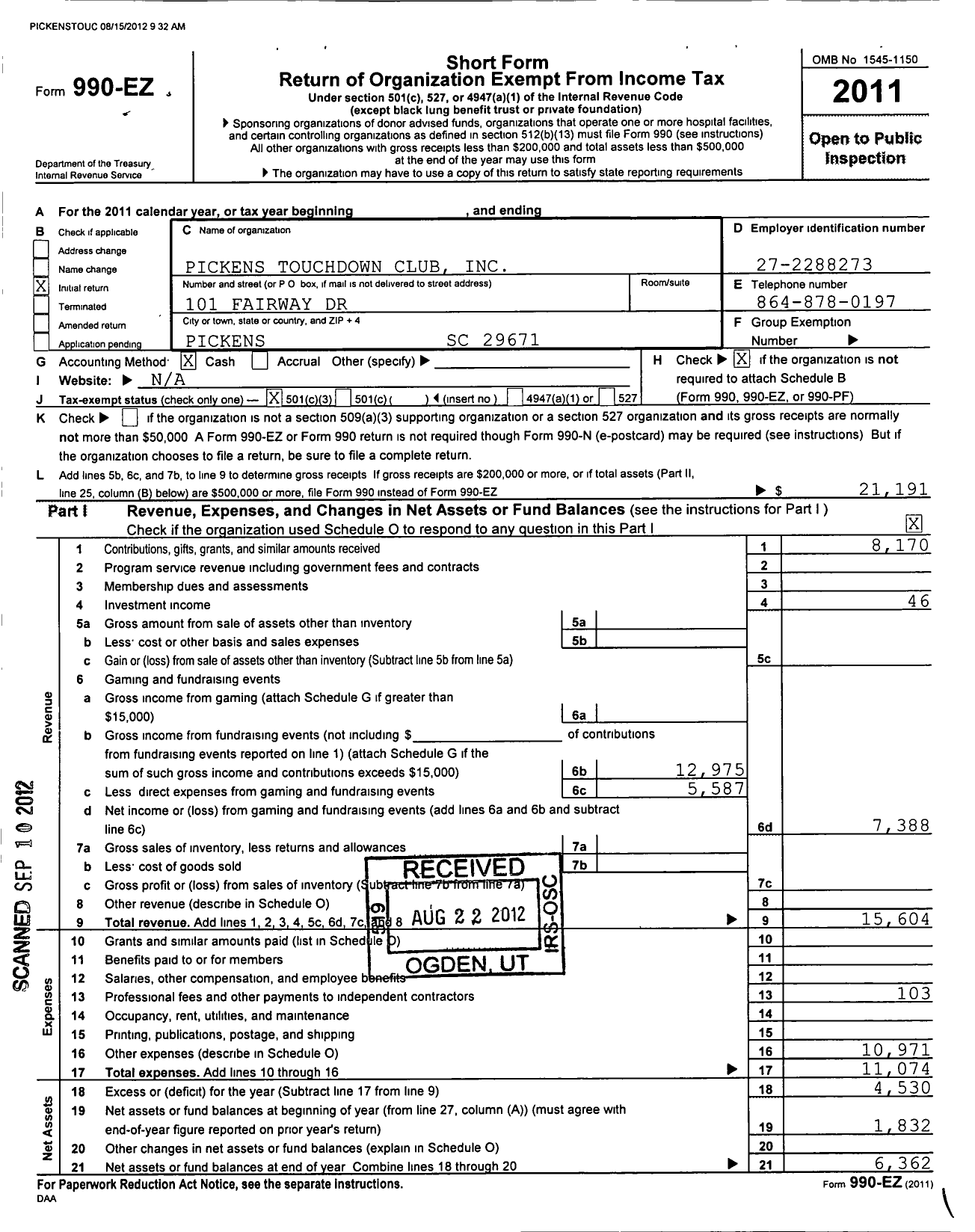 Image of first page of 2011 Form 990EZ for Pickens Touchdown Club