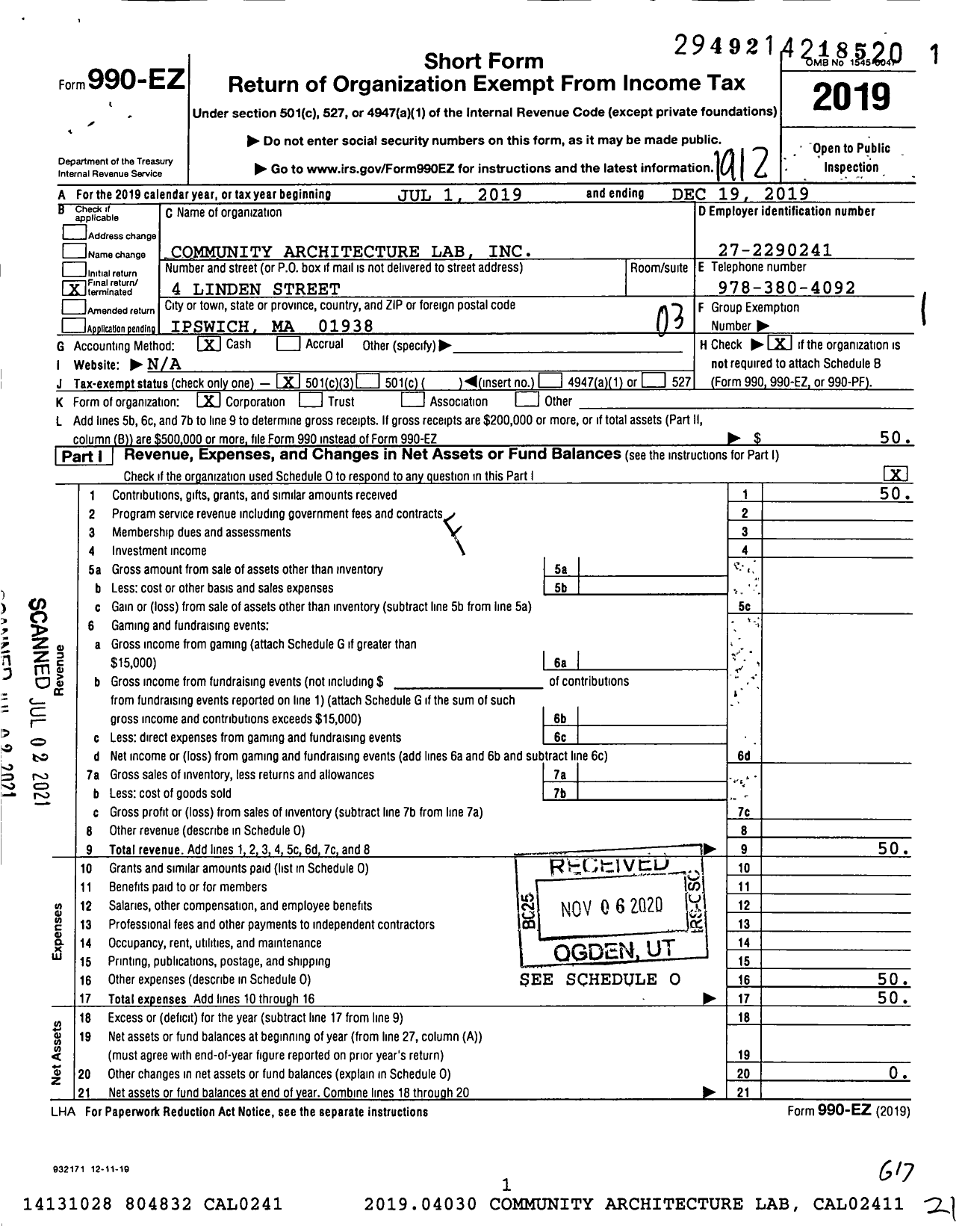 Image of first page of 2019 Form 990EZ for Community Architecture Lab