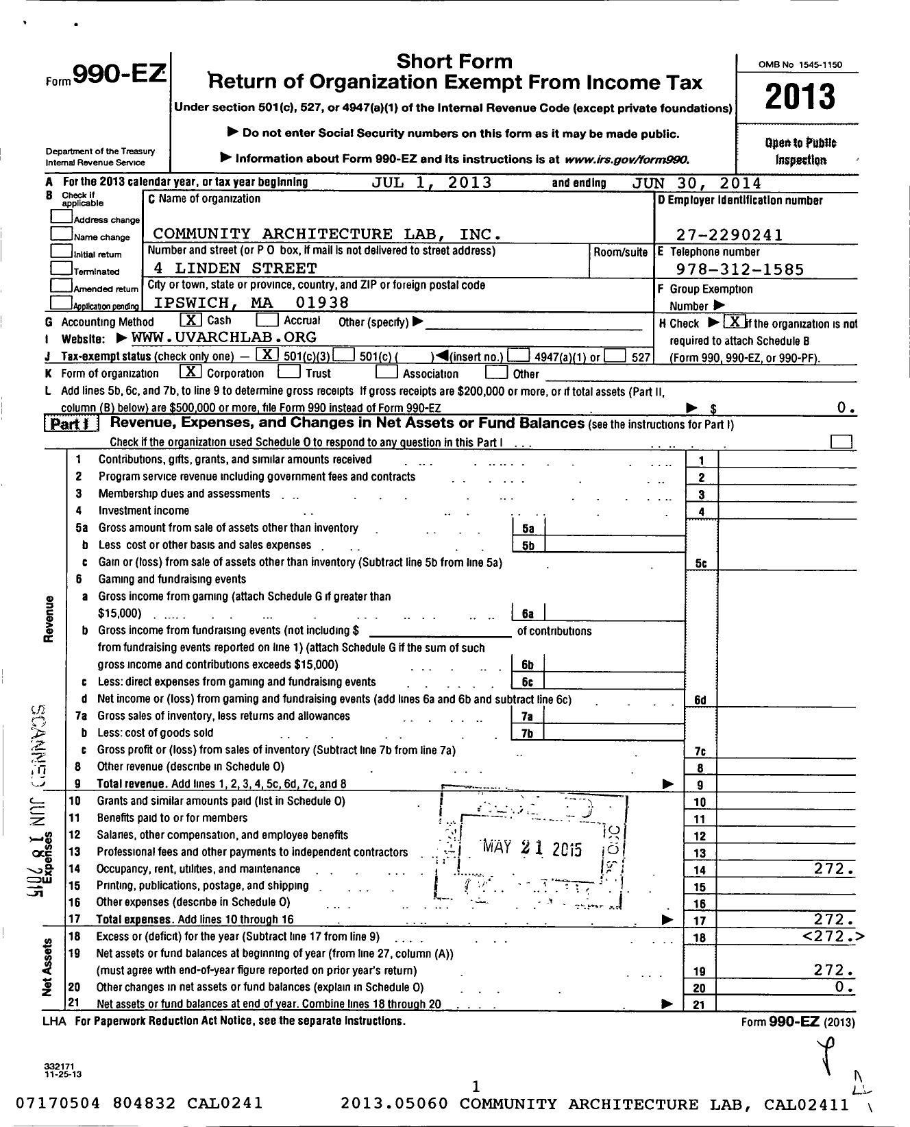 Image of first page of 2013 Form 990EZ for Community Architecture Lab