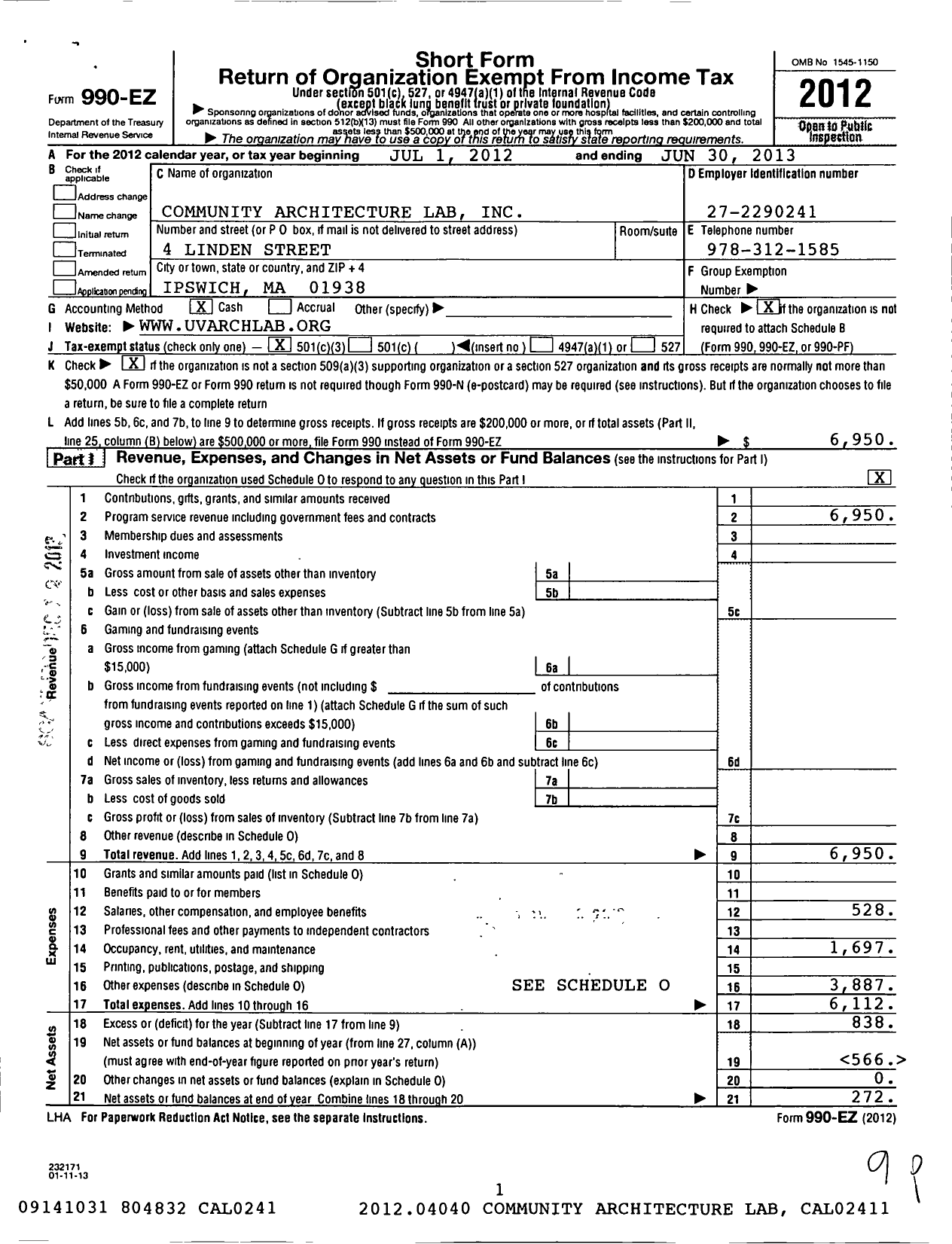 Image of first page of 2012 Form 990EZ for Community Architecture Lab