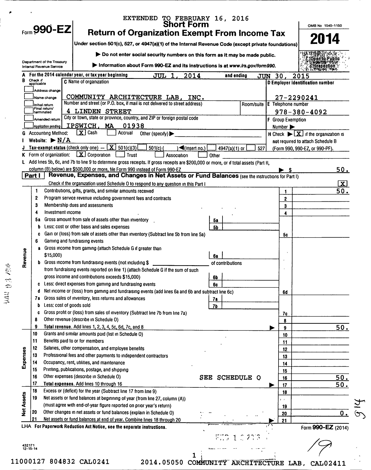 Image of first page of 2014 Form 990EZ for Community Architecture Lab