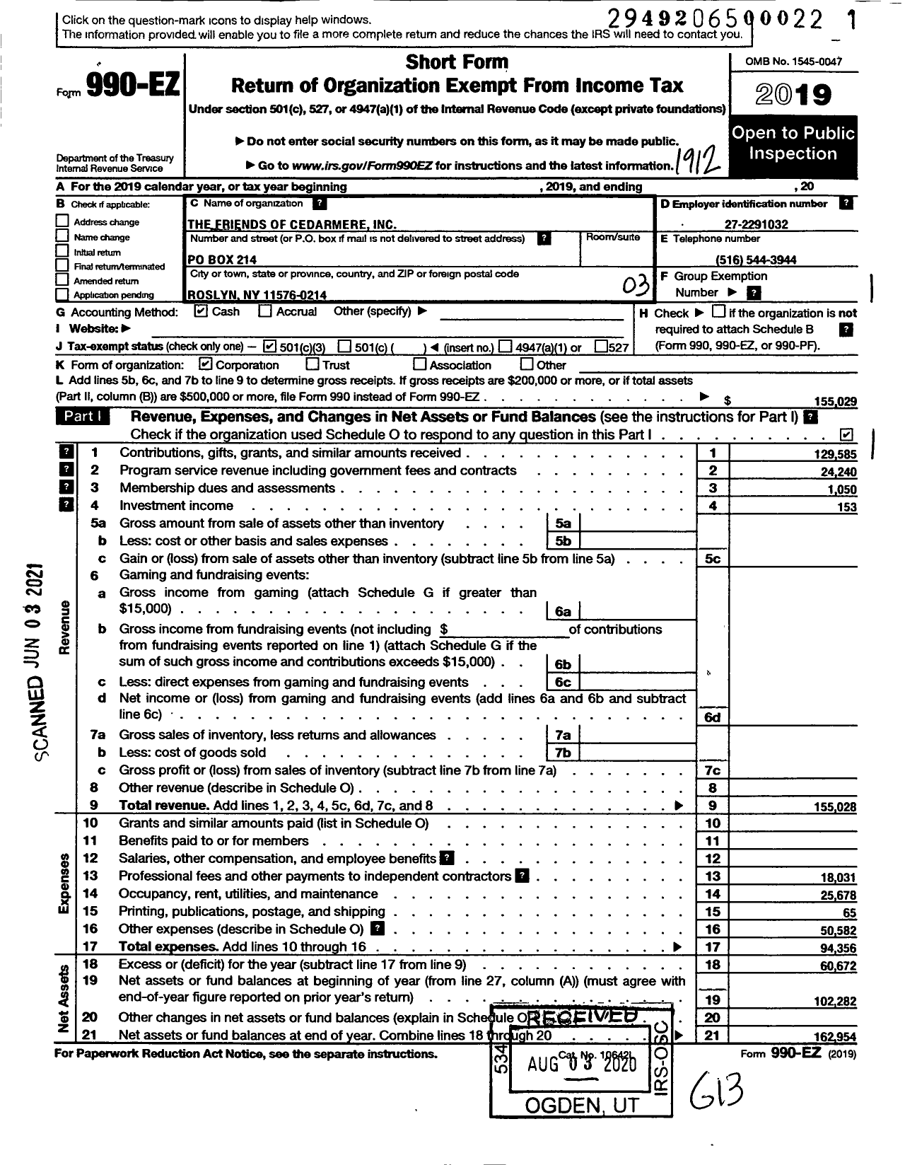 Image of first page of 2019 Form 990EZ for The Friends of Cedarmere