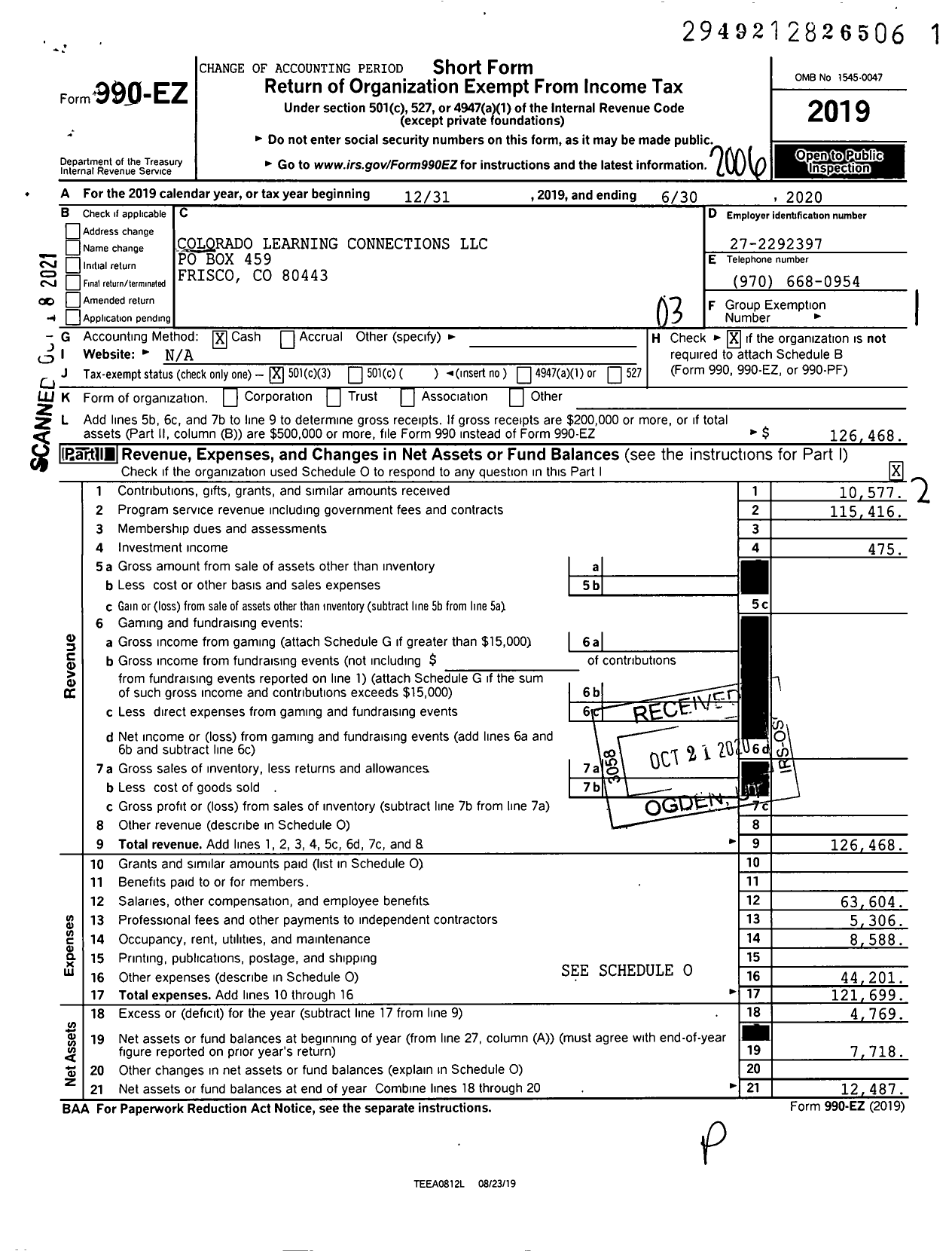 Image of first page of 2019 Form 990EZ for Colorado Learning Connections