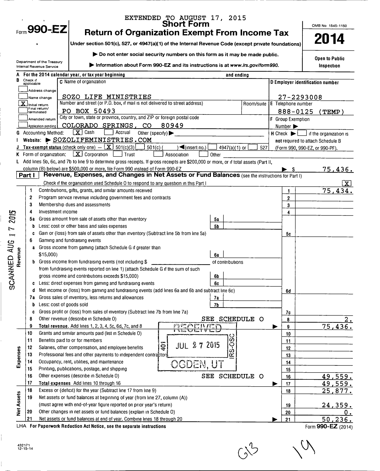 Image of first page of 2014 Form 990EZ for Sozo Life Ministries