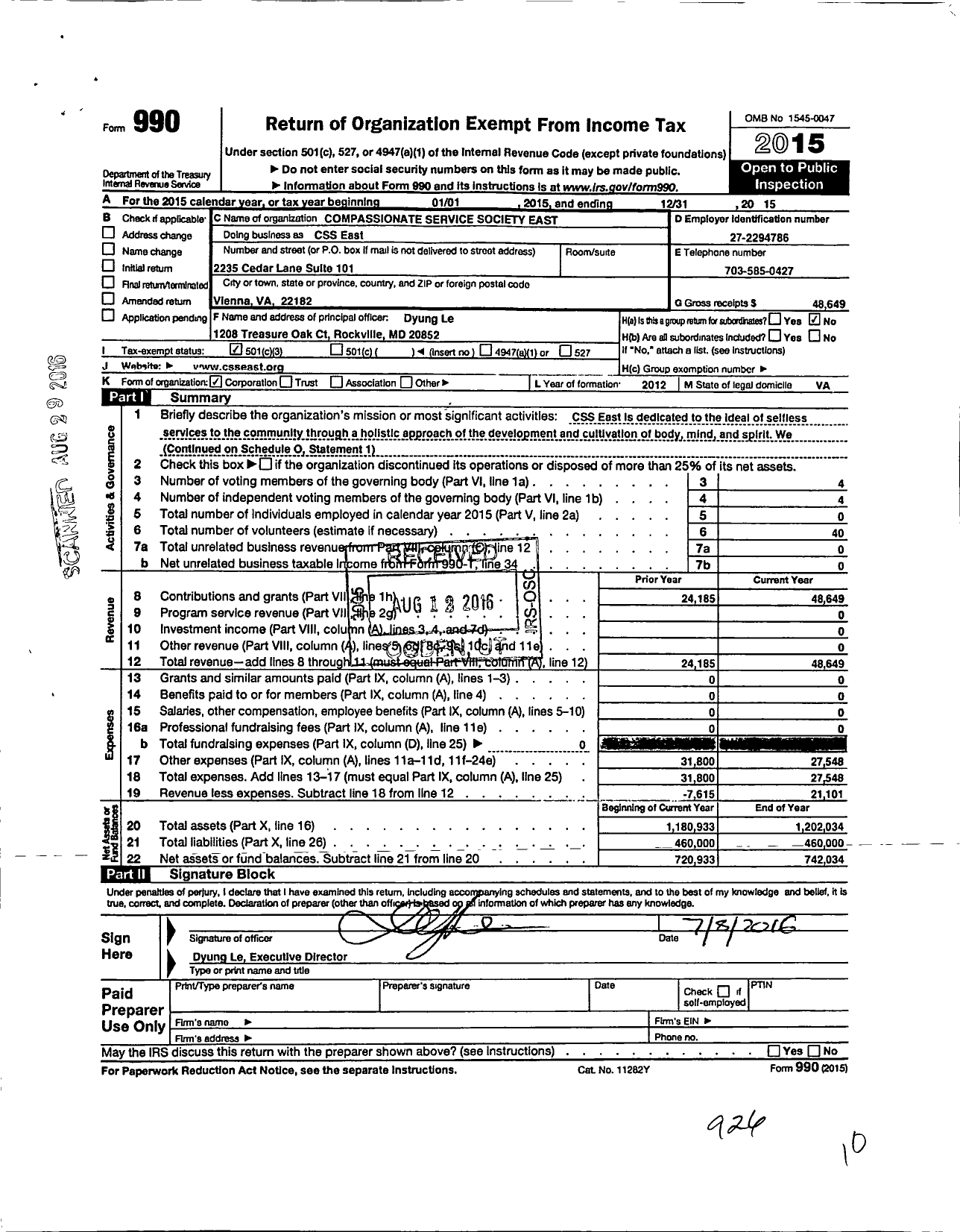 Image of first page of 2015 Form 990 for Compassionate Service Society East