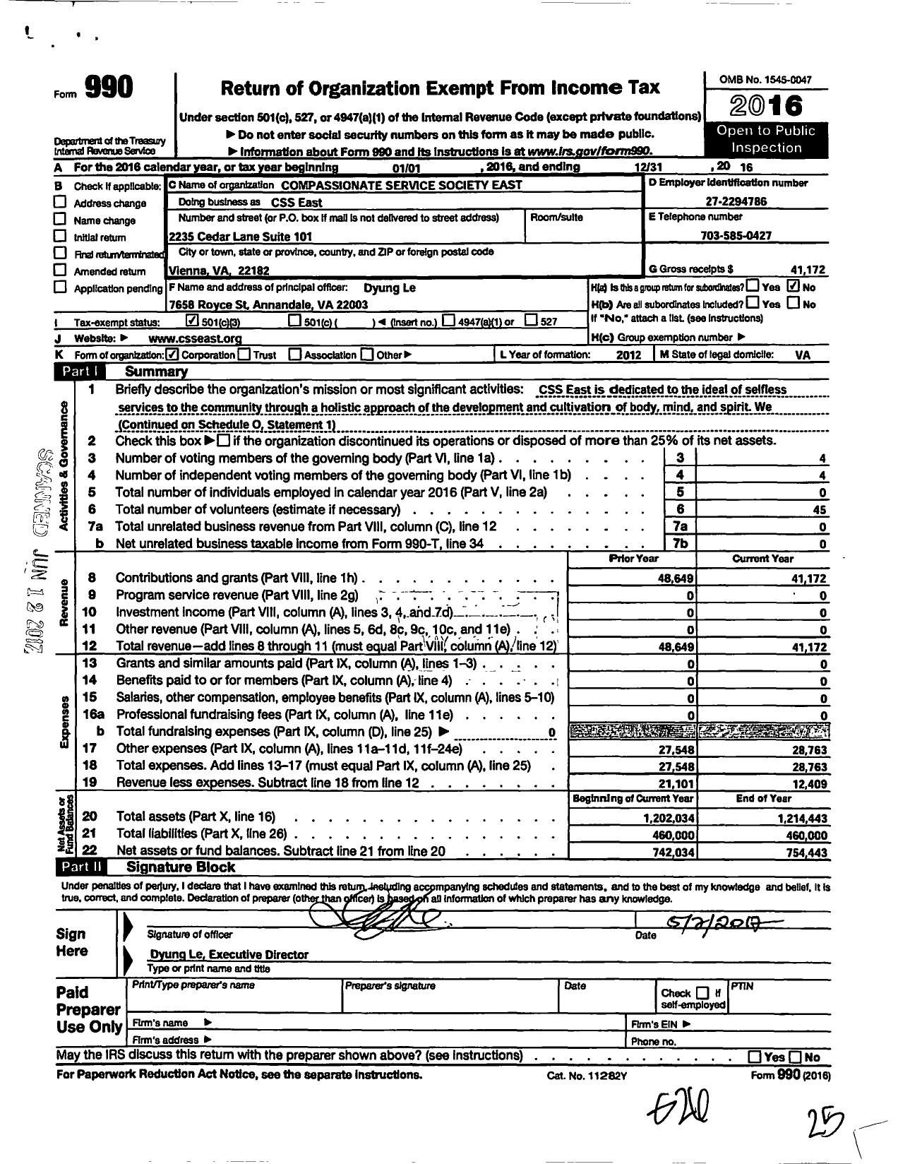 Image of first page of 2016 Form 990 for Compassionate Service Society East