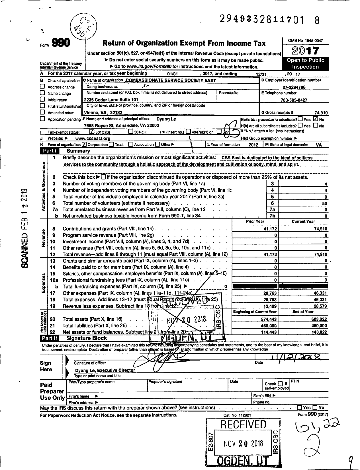 Image of first page of 2017 Form 990 for Compassionate Service Society East