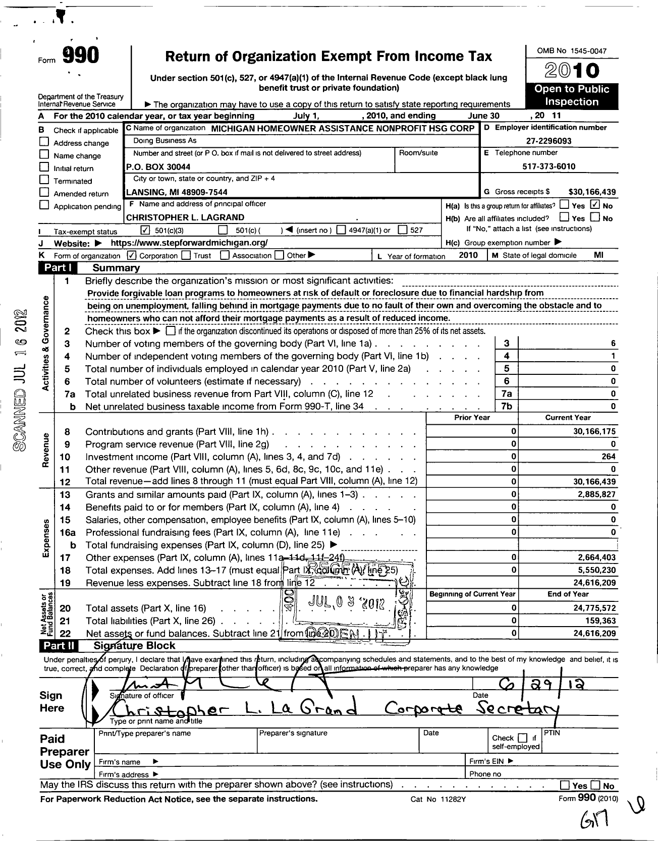 Image of first page of 2010 Form 990 for Michigan Homeowner Assistance Nonprofit HSG Corporation