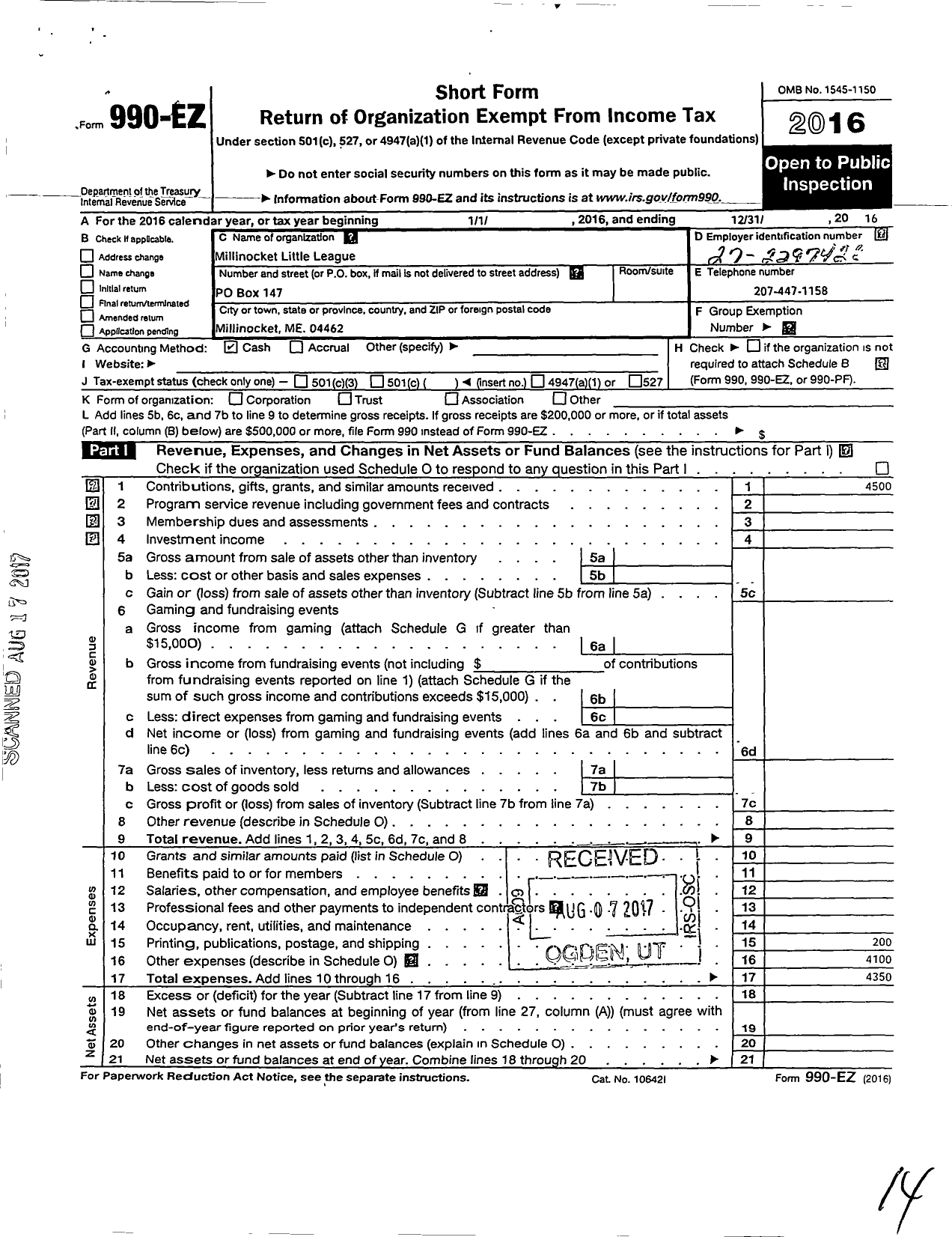 Image of first page of 2016 Form 990EO for Little League Baseball - 2190313 Millinocket LL