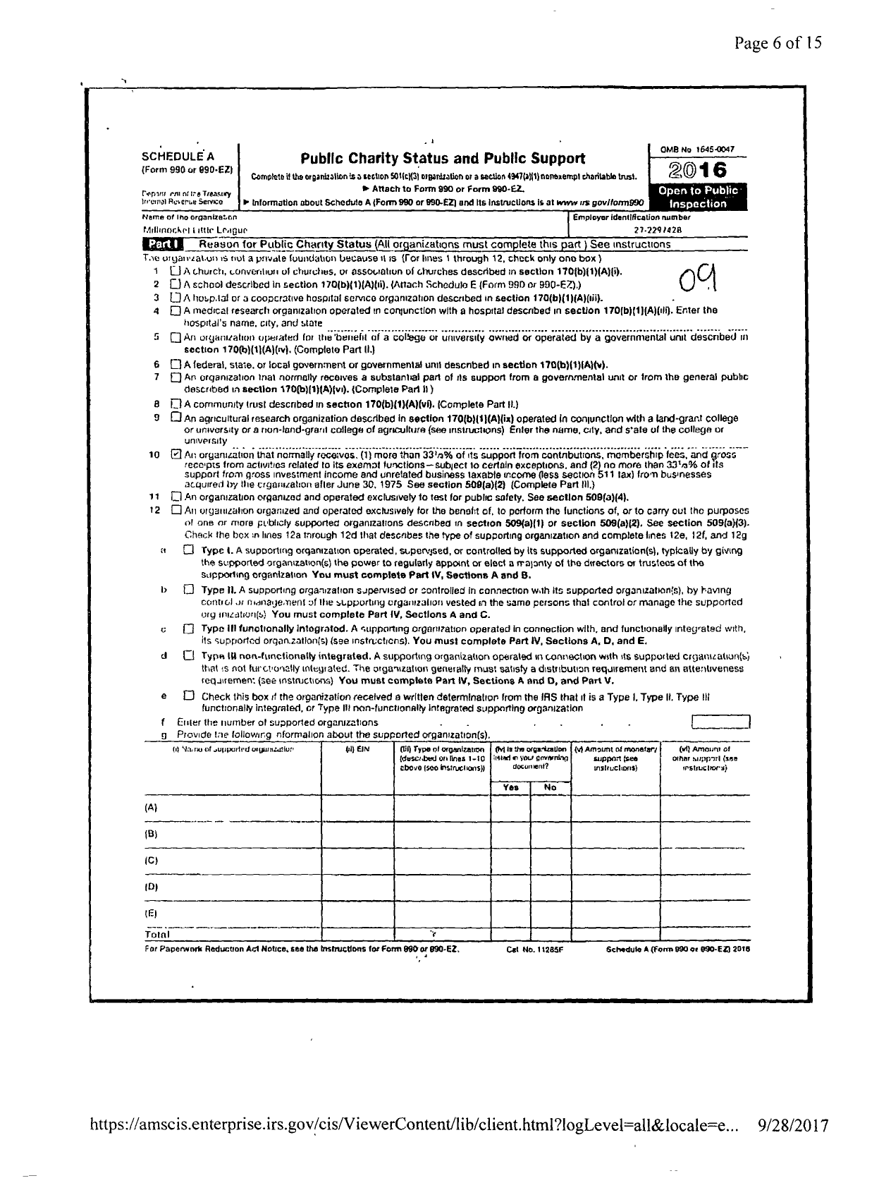 Image of first page of 2016 Form 990ER for Little League Baseball - 2190313 Millinocket LL