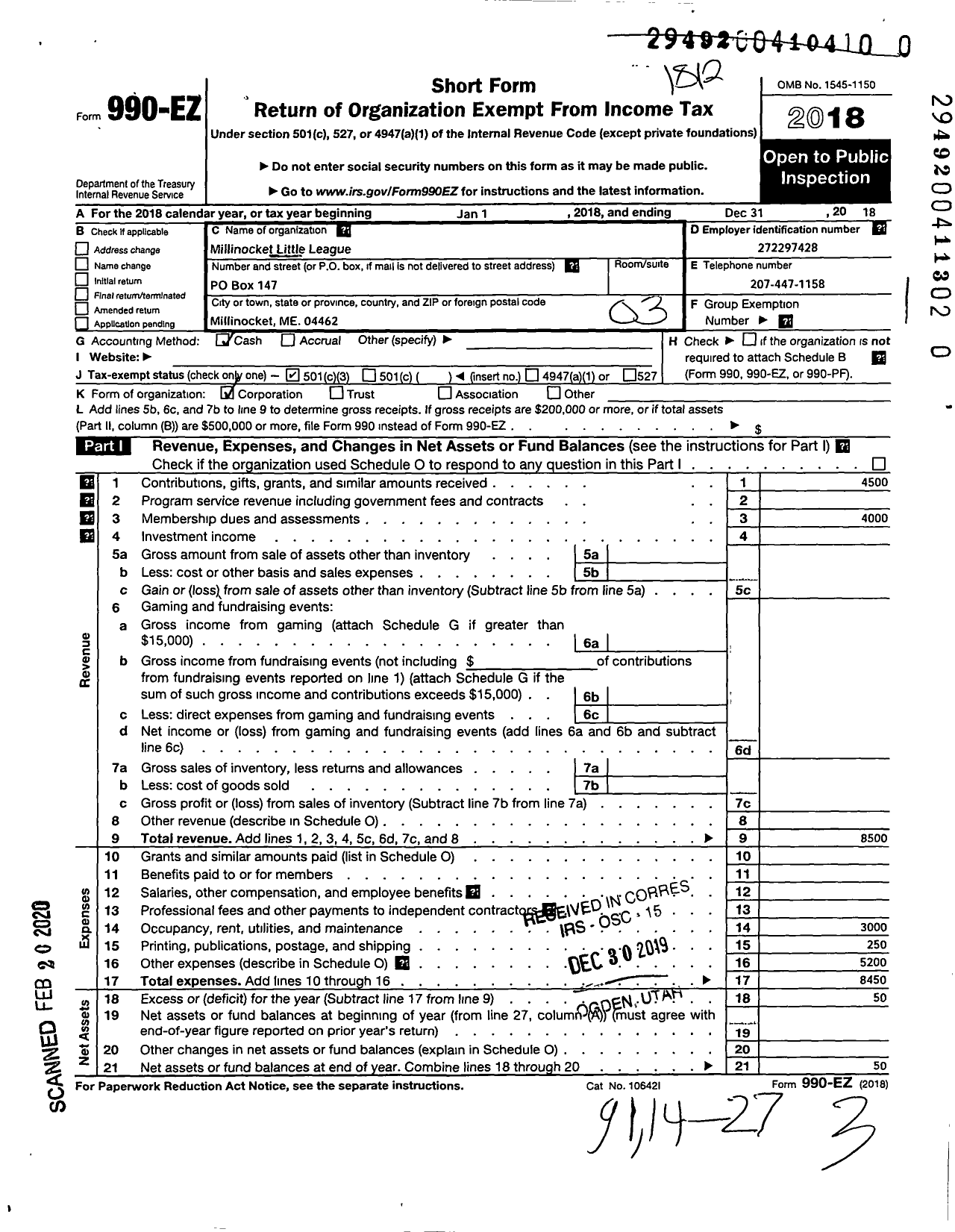 Image of first page of 2018 Form 990EZ for Little League Baseball - 2190313 Millinocket LL