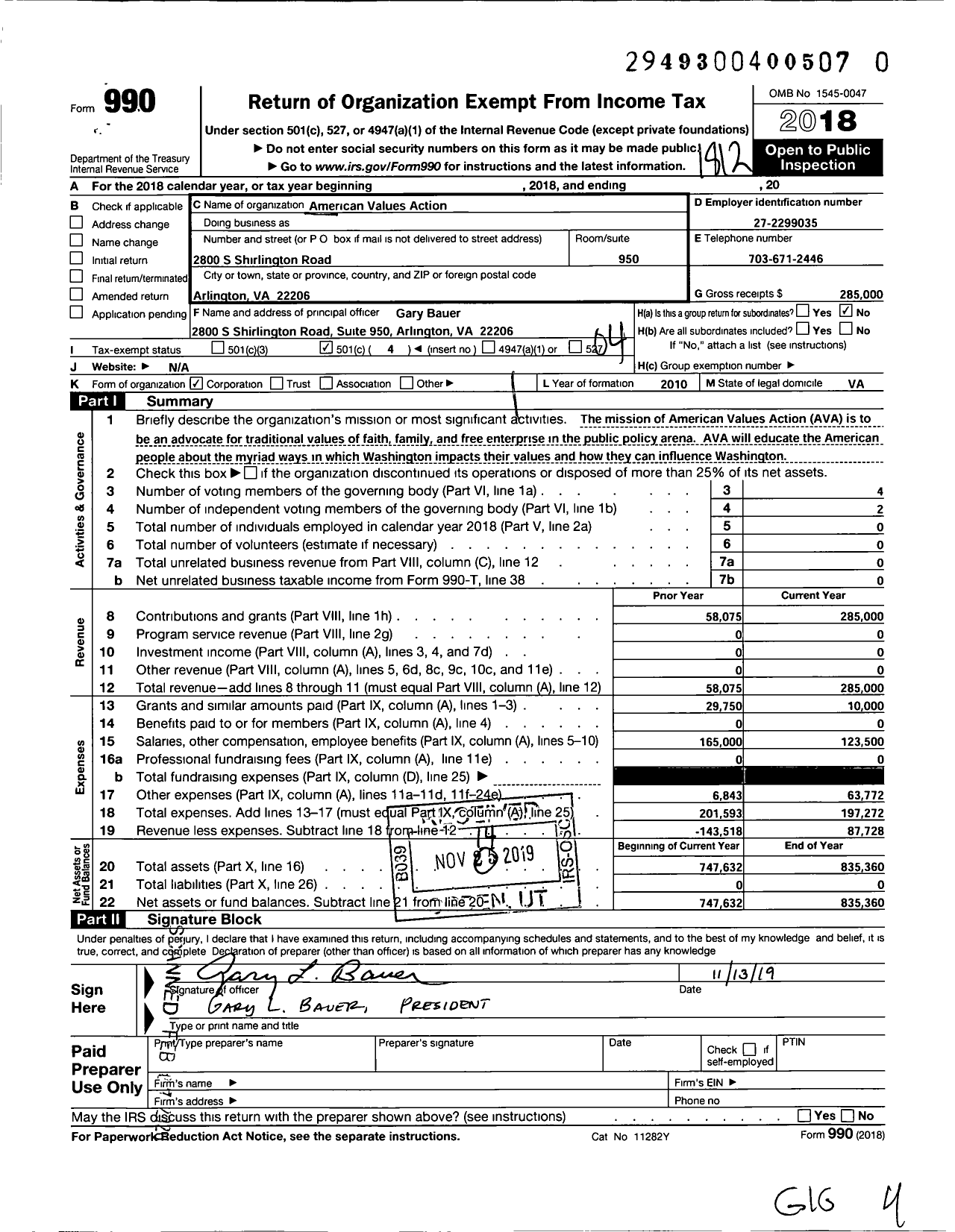 Image of first page of 2018 Form 990O for American Values Action